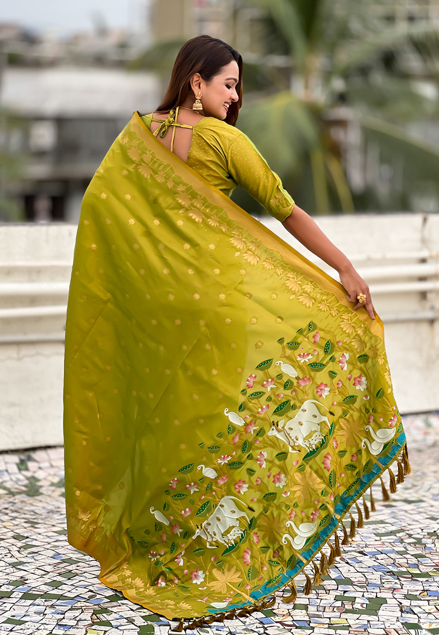 Mihira Powerloom Paithani Silk Ready To Wear Pocket Saree | Mehandi Green