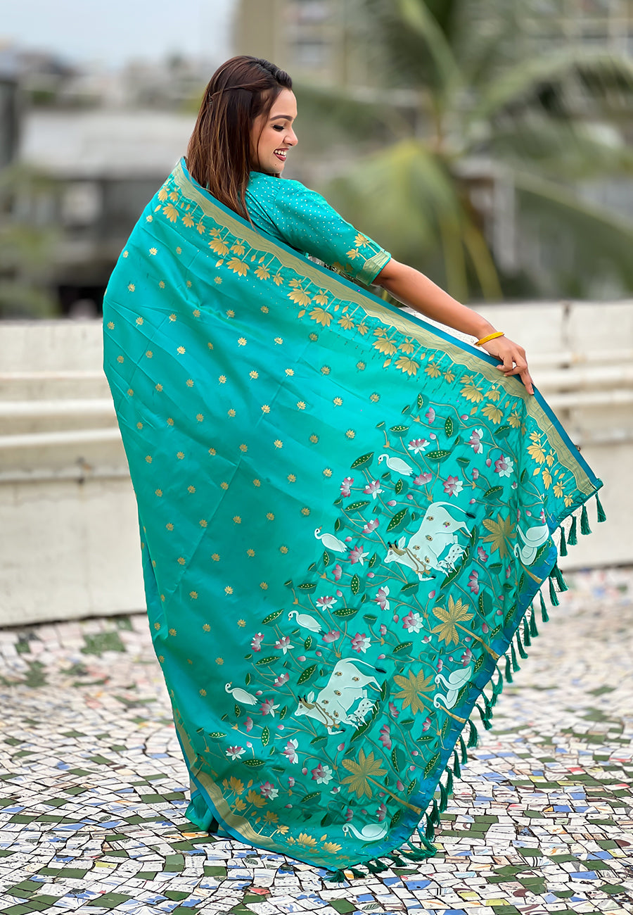 Mihira Powerloom Paithani Silk Ready To Wear Pocket Saree | Aqua Teal