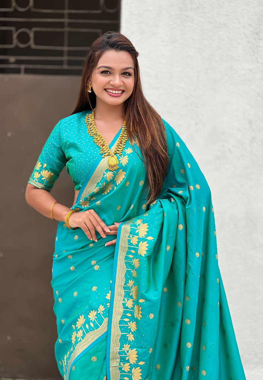 Mihira Powerloom Paithani Silk Ready To Wear Pocket Saree | Aqua Teal
