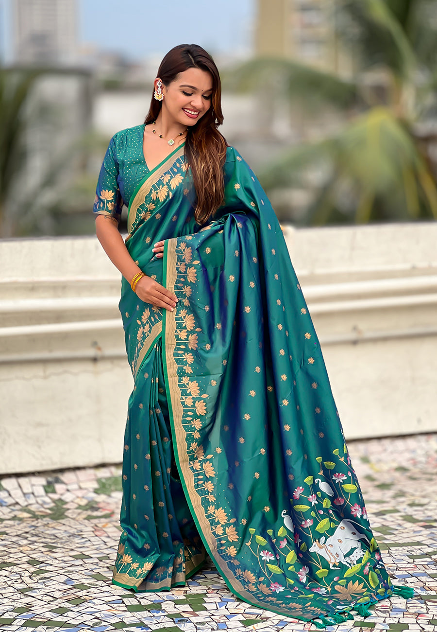 Mihira Powerloom Paithani Silk Ready To Wear Pocket Saree | Peacock Green