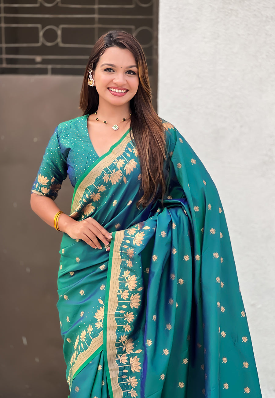 Mihira Powerloom Paithani Silk Ready To Wear Pocket Saree | Peacock Green