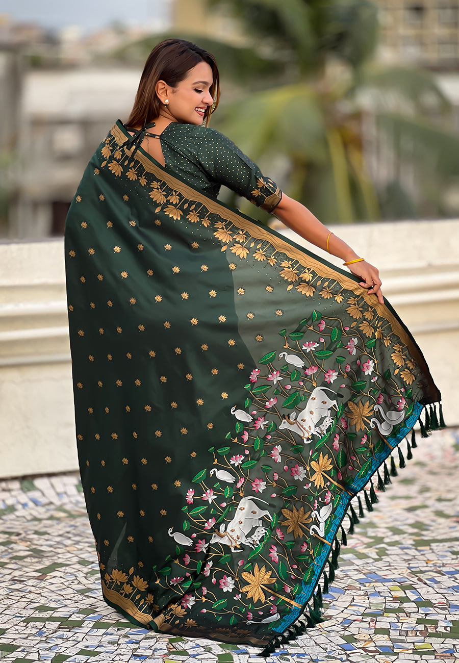 Mihira Powerloom Paithani Silk Ready To Wear Pocket Saree | Bottle Green