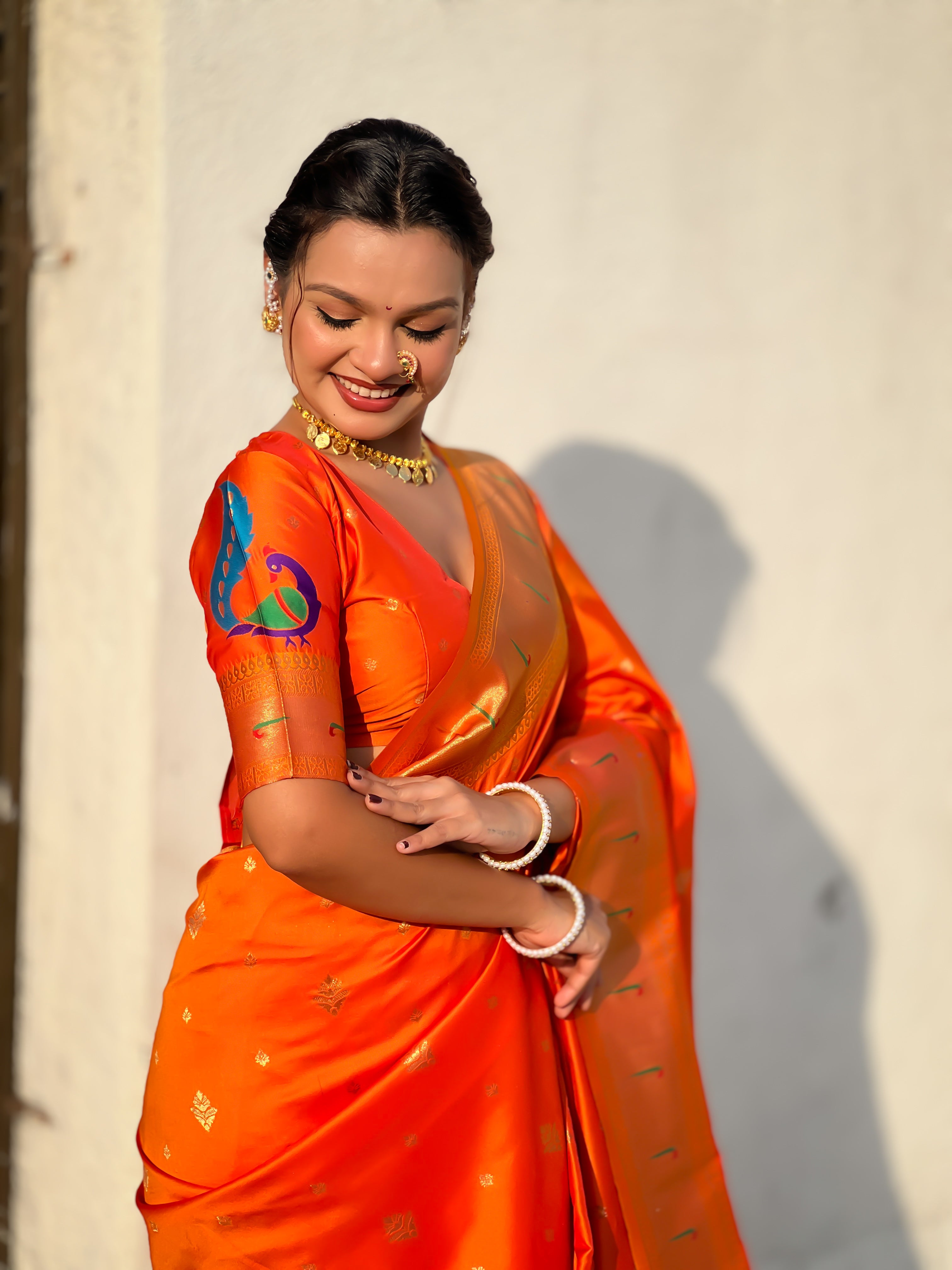 Rajmayur Powerloom Paithani (Orange) Ready To Wear Pocket Saree