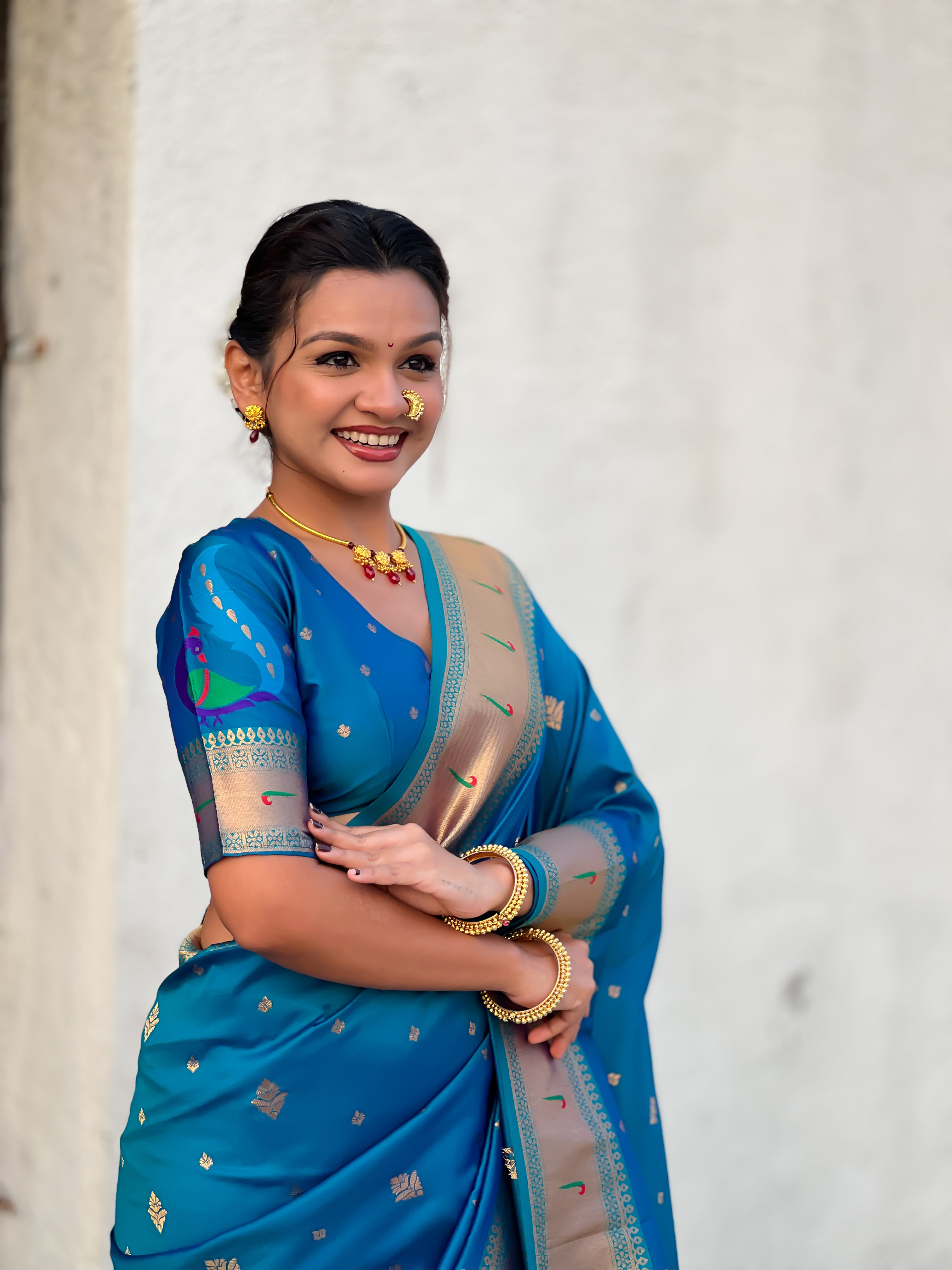 Rajmayur Powerloom Paithani (Blue) Ready To Wear Pocket Saree