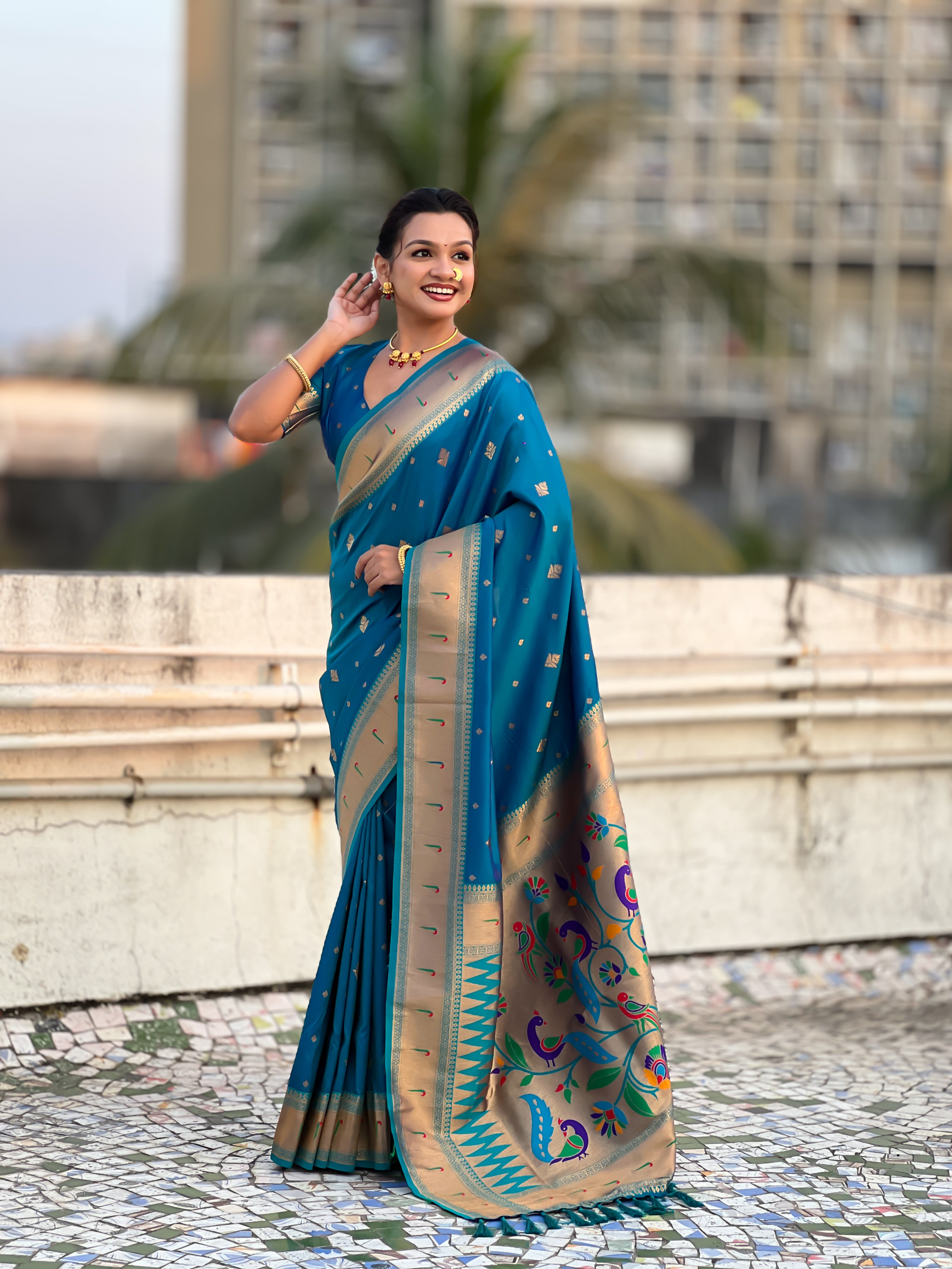 Rajmayur Powerloom Paithani (Blue) Ready To Wear Pocket Saree