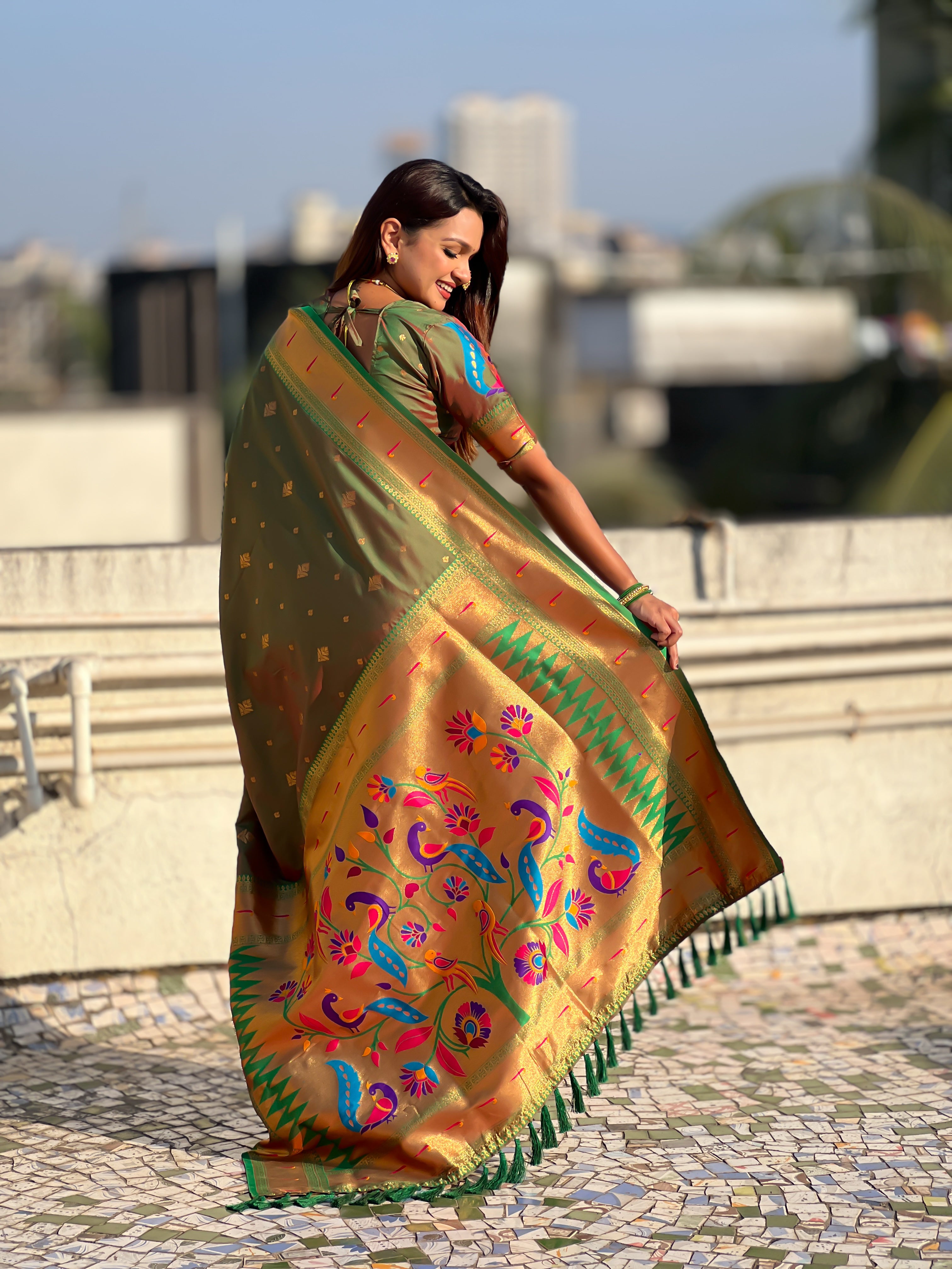 Rajmayur Powerloom Paithani (Mehandi Green) Ready To Wear Pocket Saree