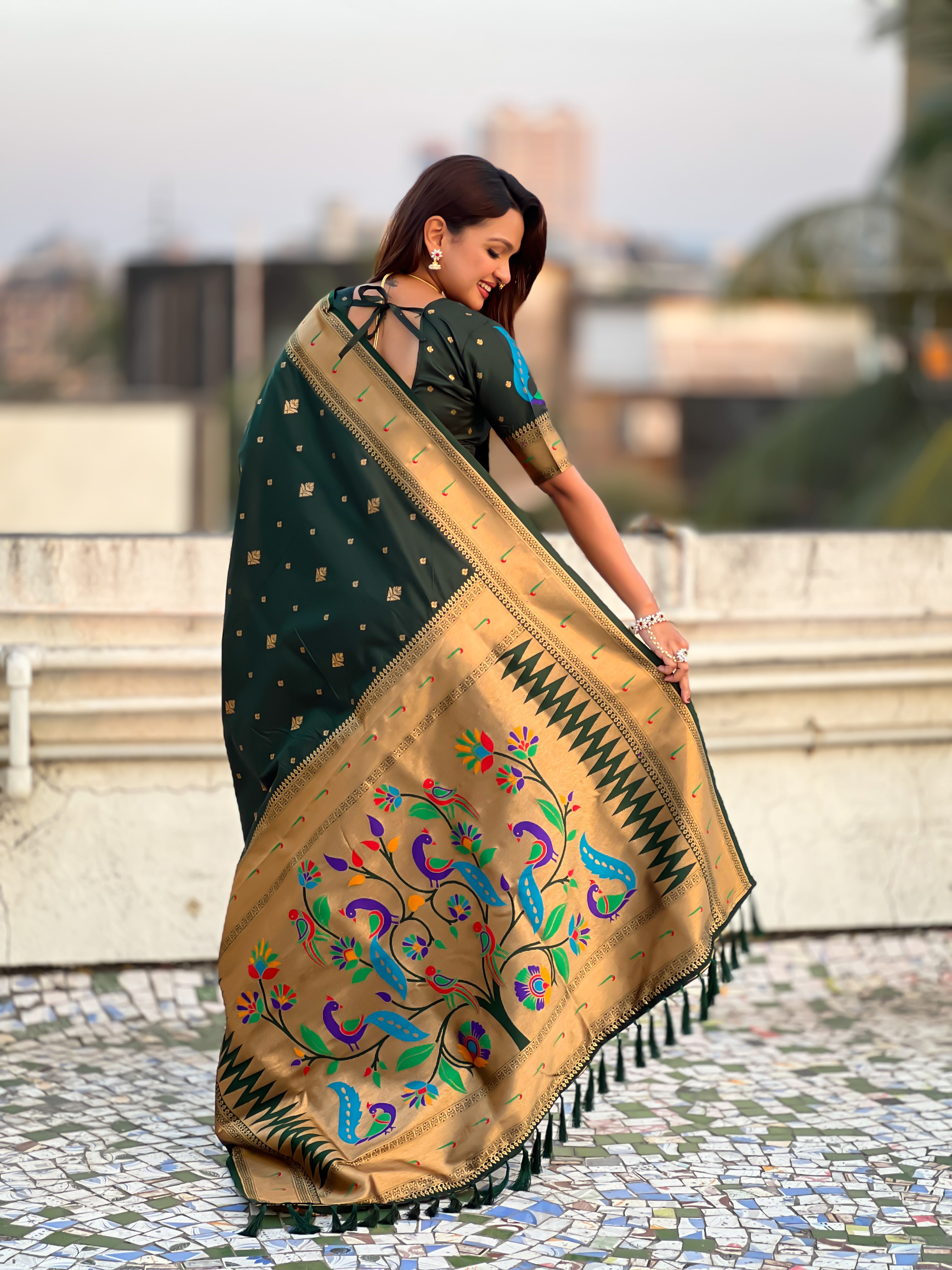 Rajmayur Powerloom Paithani (Bottle Green) Ready To Wear Pocket Saree