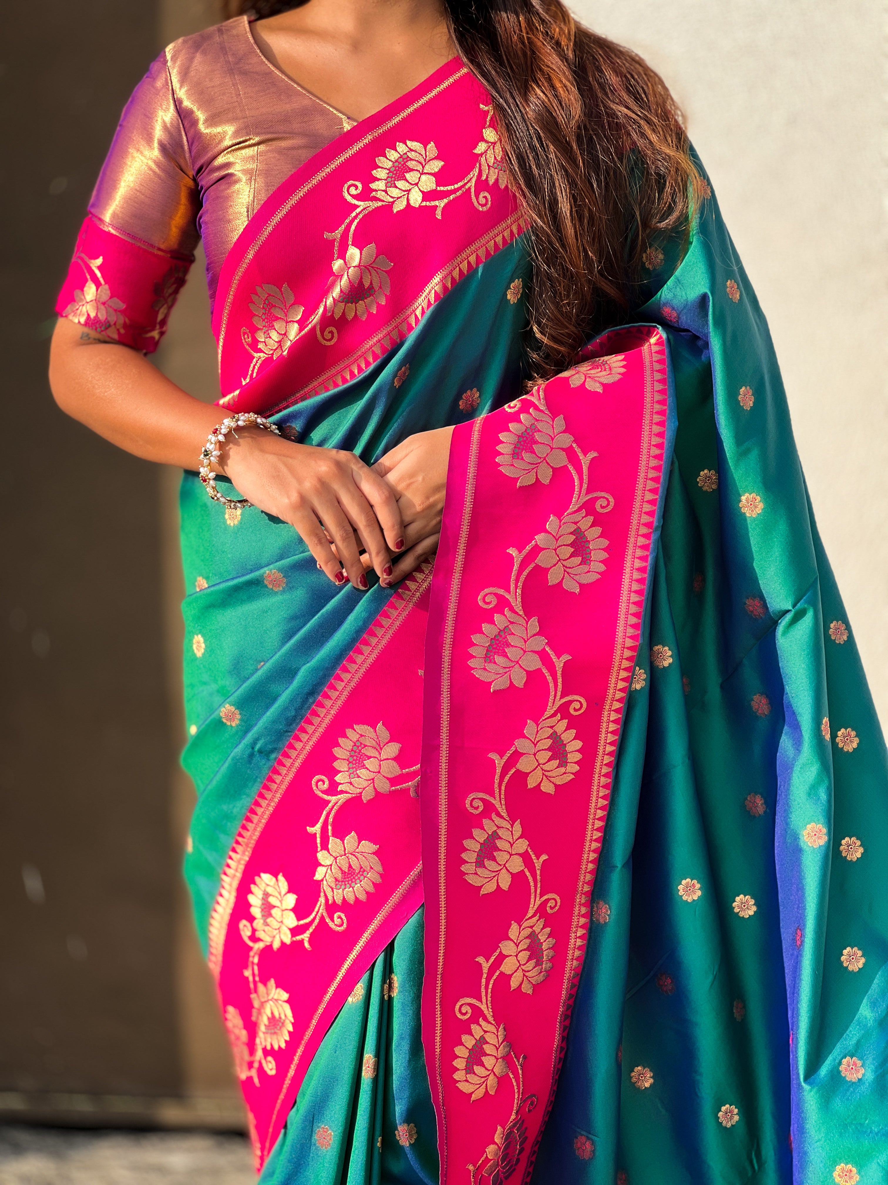 Aabha Powerloom Paithani Silk (Teal) Ready To Wear Pocket Saree