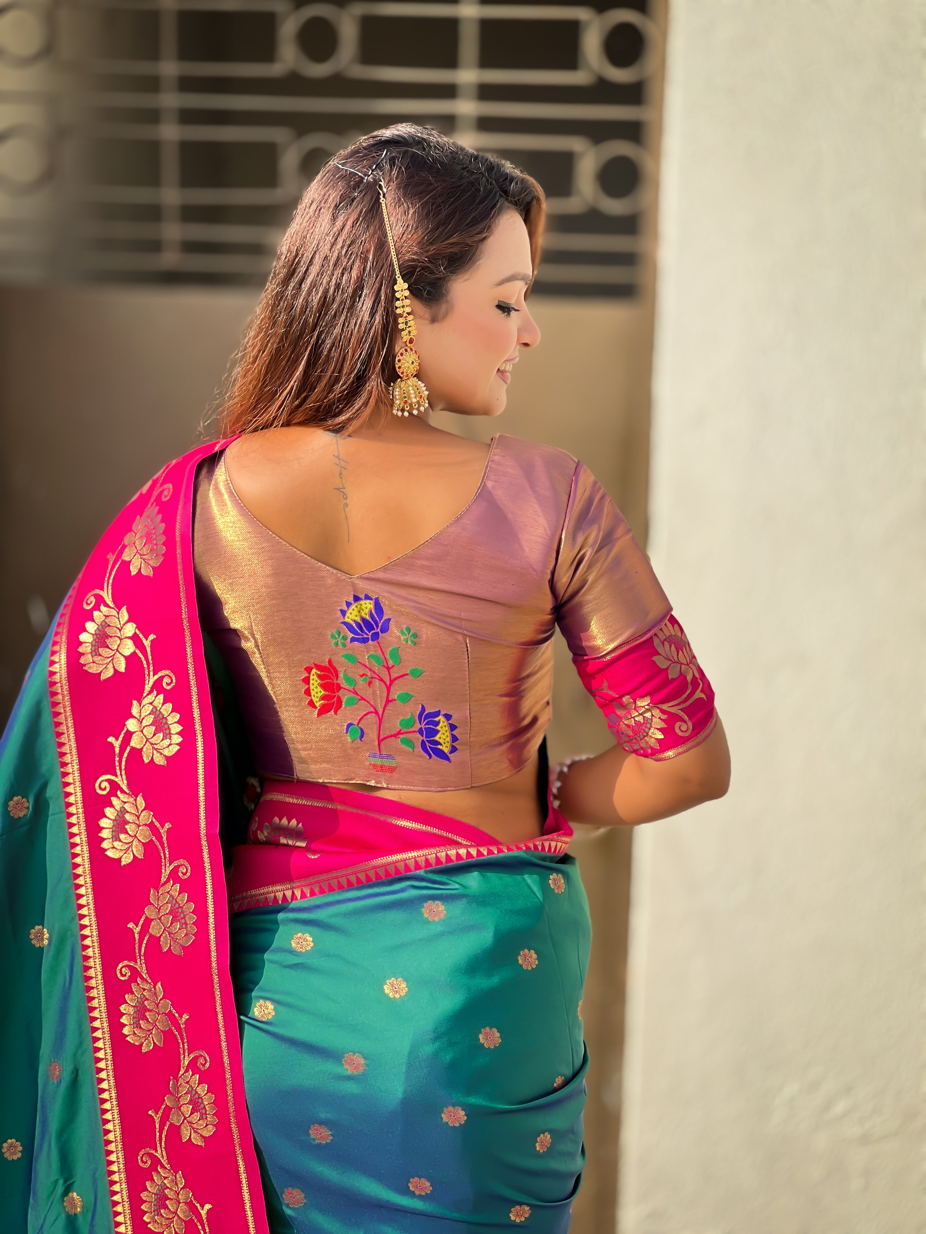 Aabha Powerloom Paithani Silk (Teal) Ready To Wear Pocket Saree