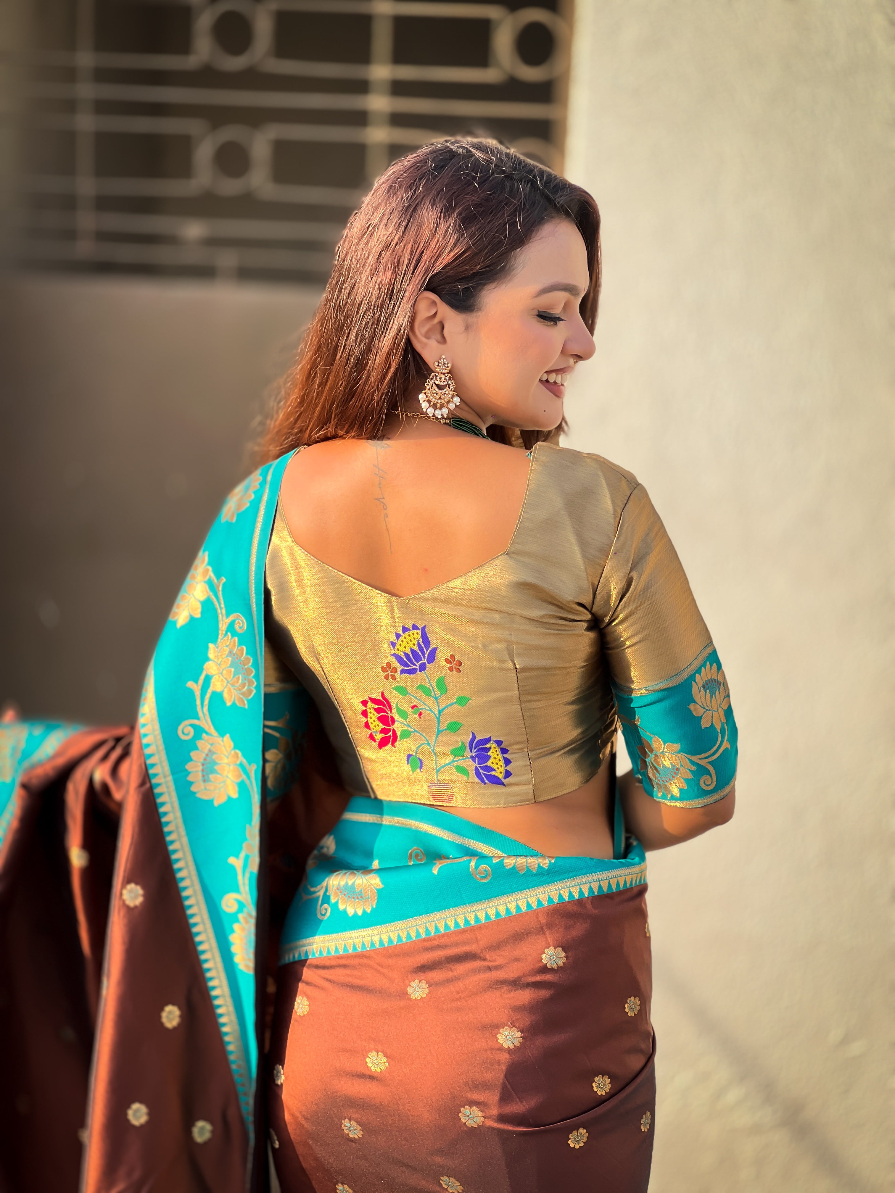 Aabha Powerloom Paithani Silk (Brown) Ready To Wear Pocket Saree