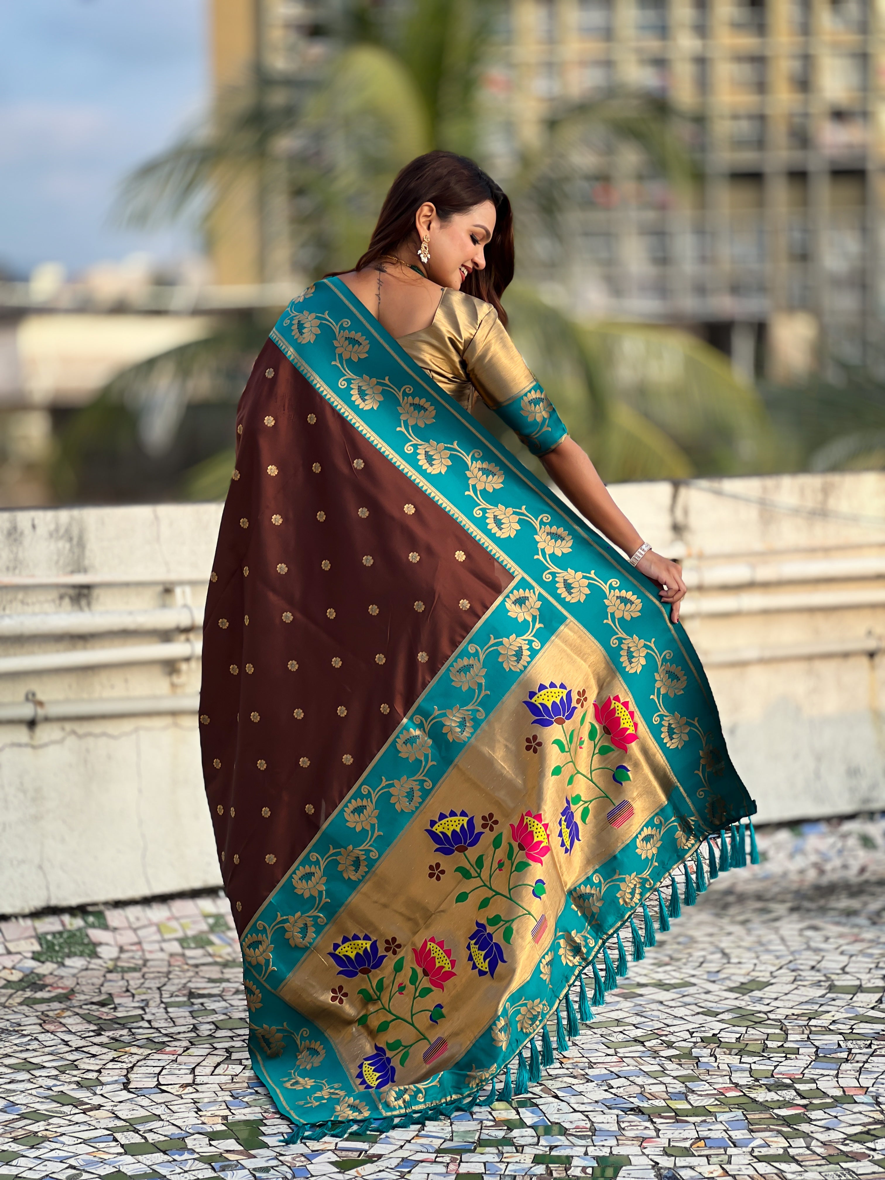 Aabha Powerloom Paithani Silk (Brown) Ready To Wear Pocket Saree