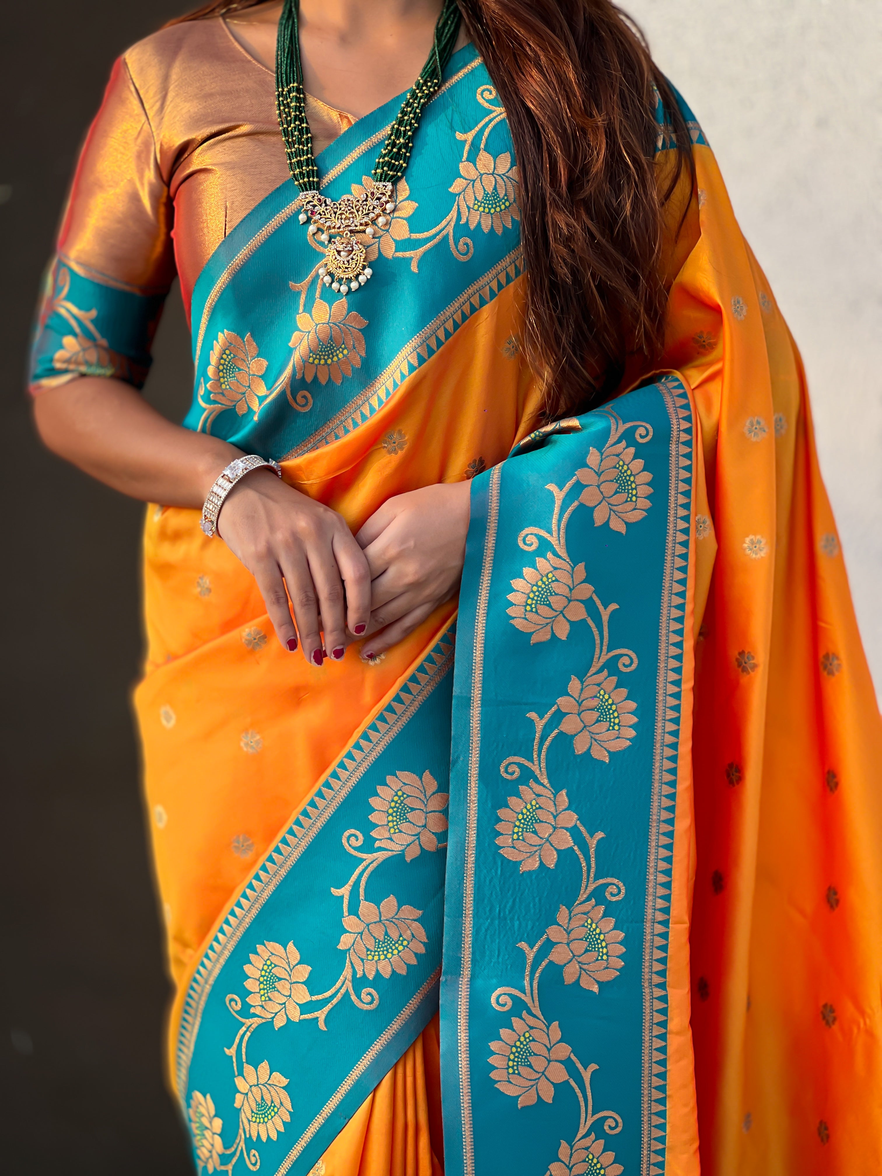 Aabha Powerloom Paithani Silk (Orange) Ready To Wear Pocket Saree
