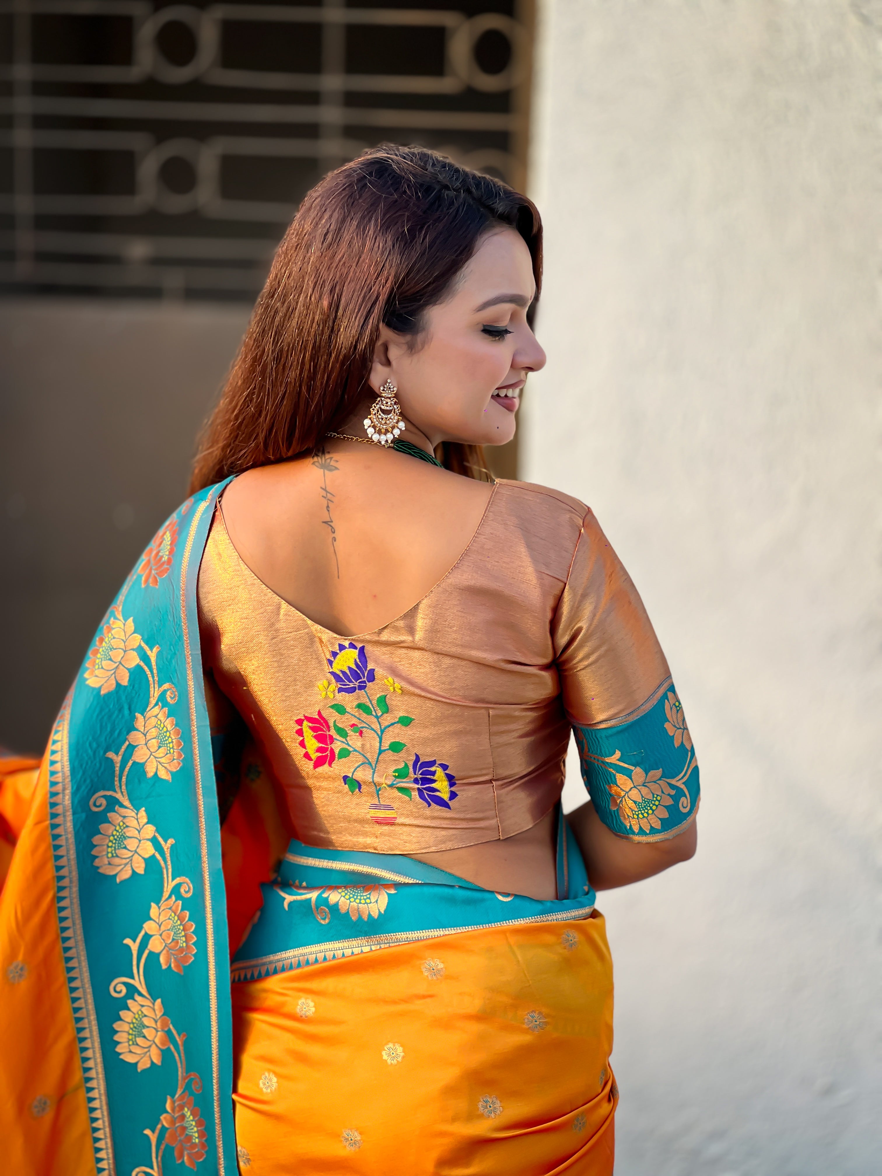 Aabha Powerloom Paithani Silk (Orange) Ready To Wear Pocket Saree