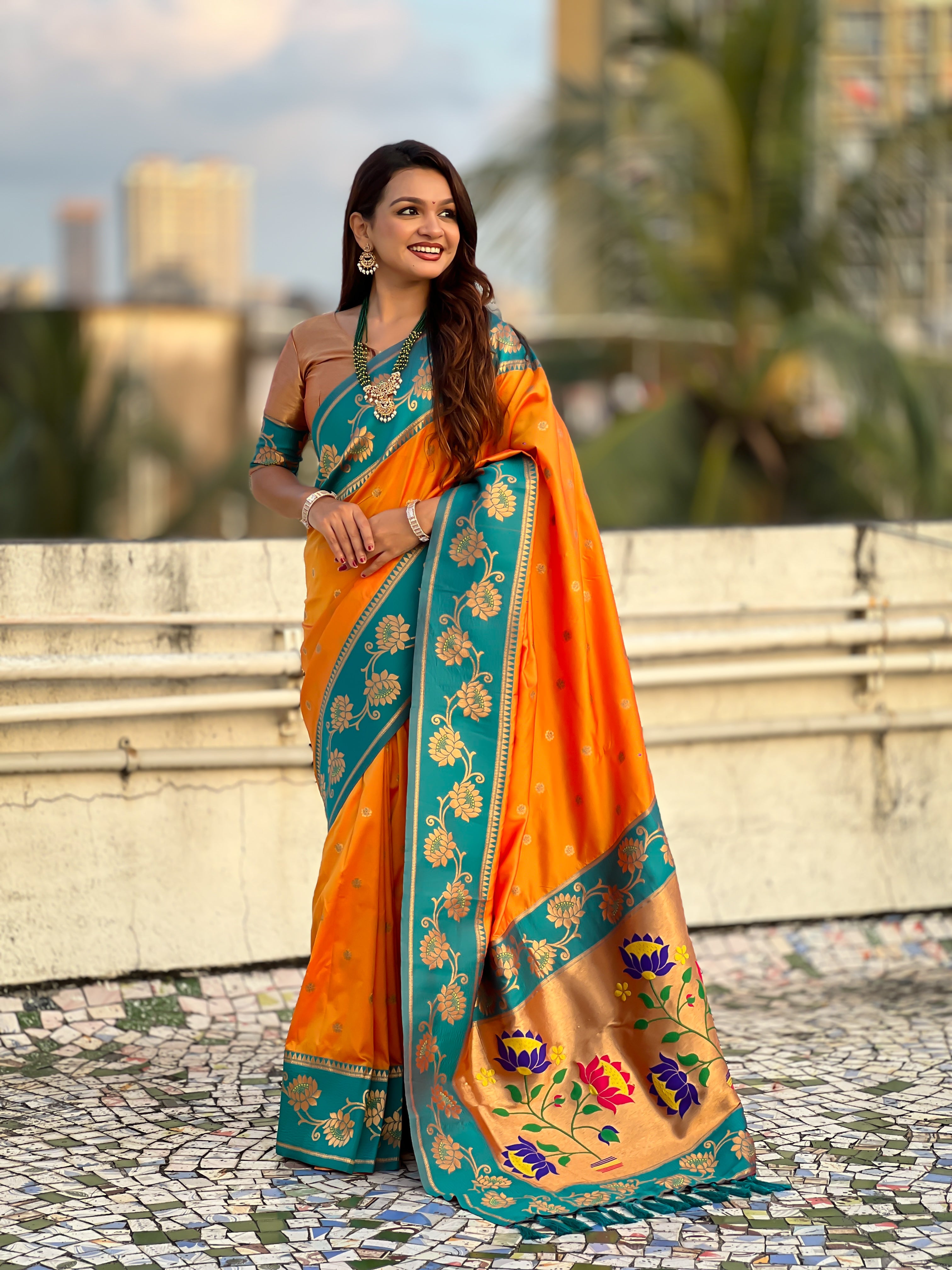 Aabha Powerloom Paithani Silk (Orange) Ready To Wear Pocket Saree