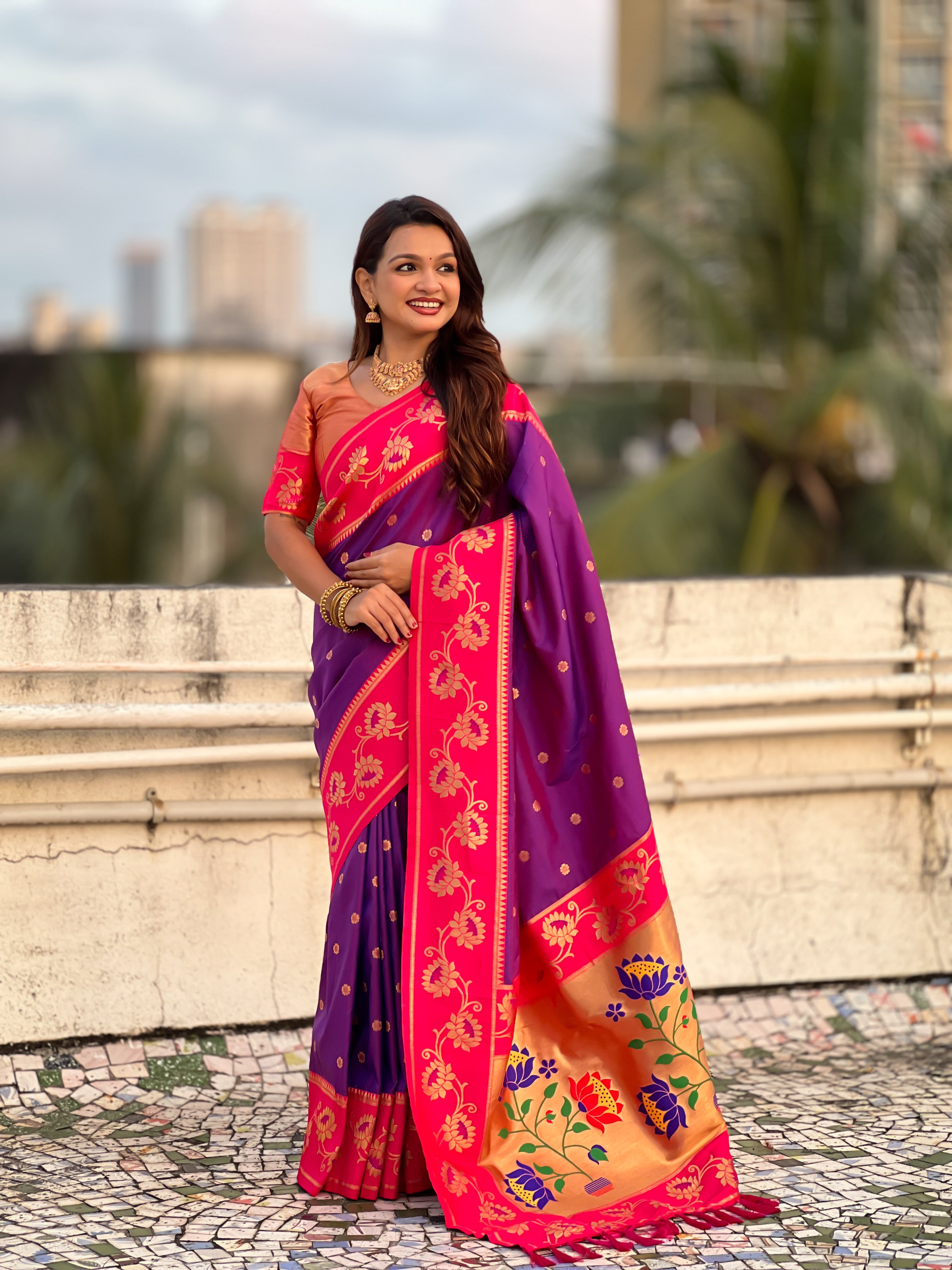 Aabha Powerloom Paithani Silk (Purple) Ready To Wear Pocket Saree