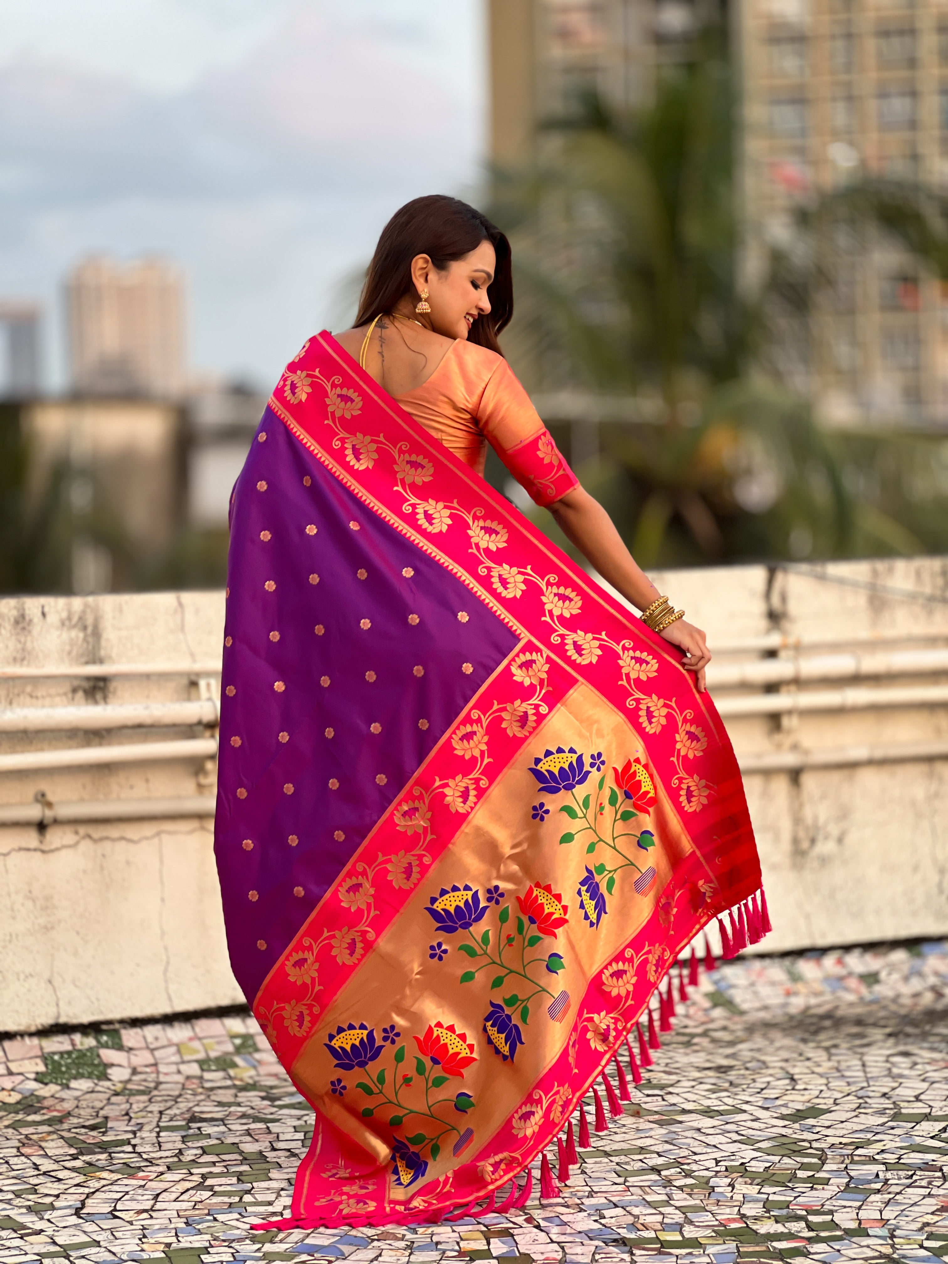 Aabha Powerloom Paithani Silk (Purple) Ready To Wear Pocket Saree