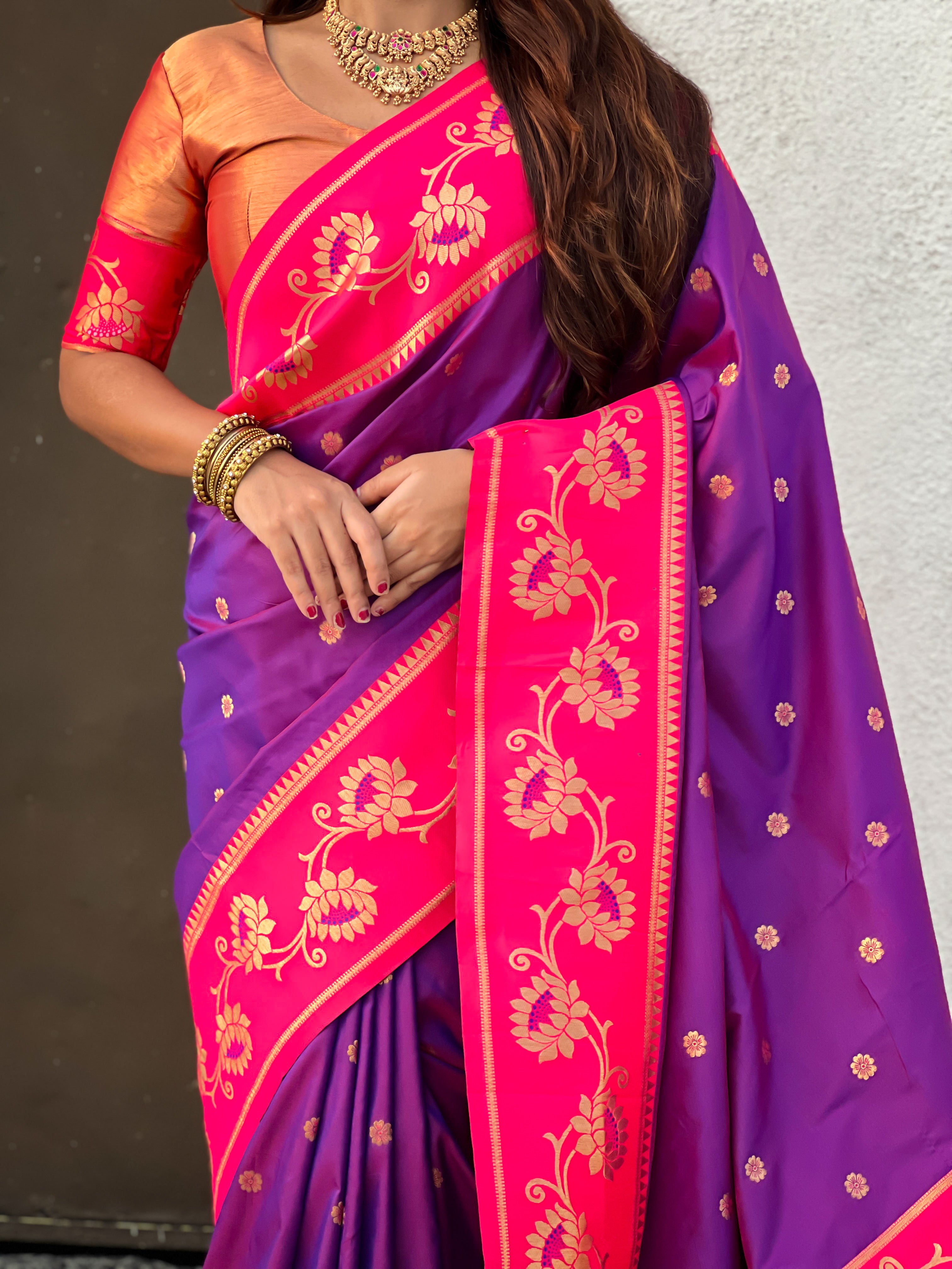 Aabha Powerloom Paithani Silk (Purple) Ready To Wear Pocket Saree