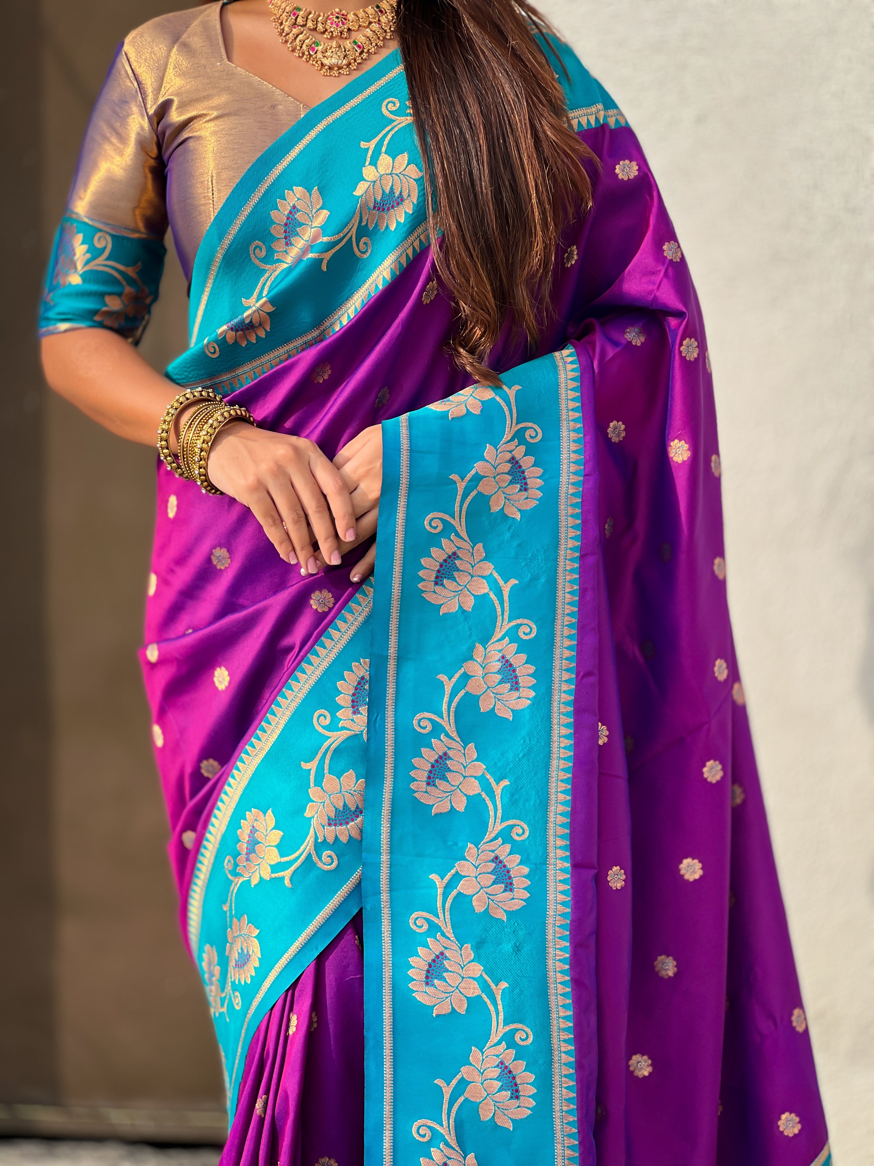 Aabha Powerloom Paithani Silk (Royal Purple) Ready To Wear Pocket Saree