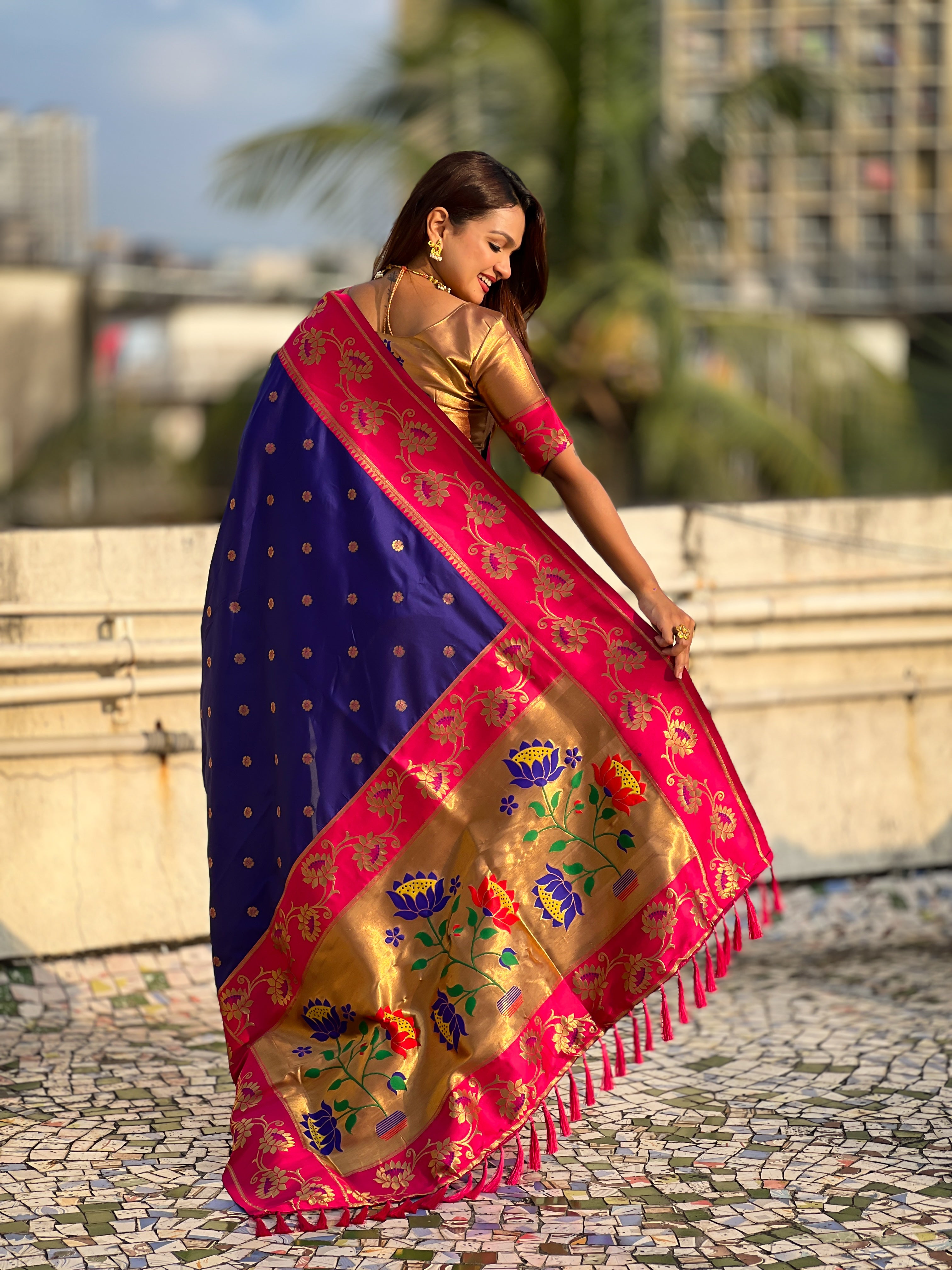 Aabha Powerloom Paithani Silk (Royal Blue) Ready To Wear Pocket Saree