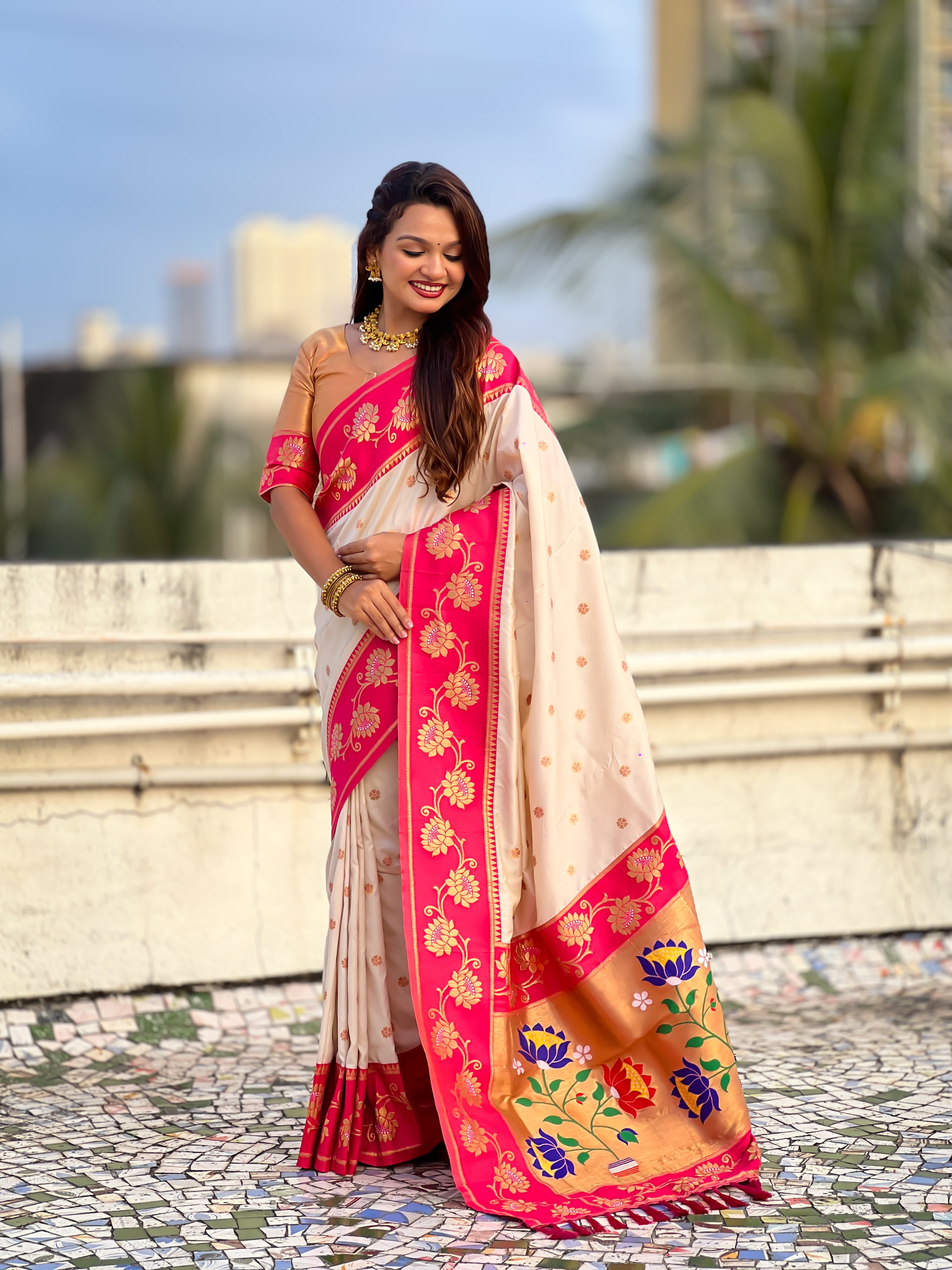 Aabha Powerloom Paithani Silk (Beige) Ready To Wear Pocket Saree