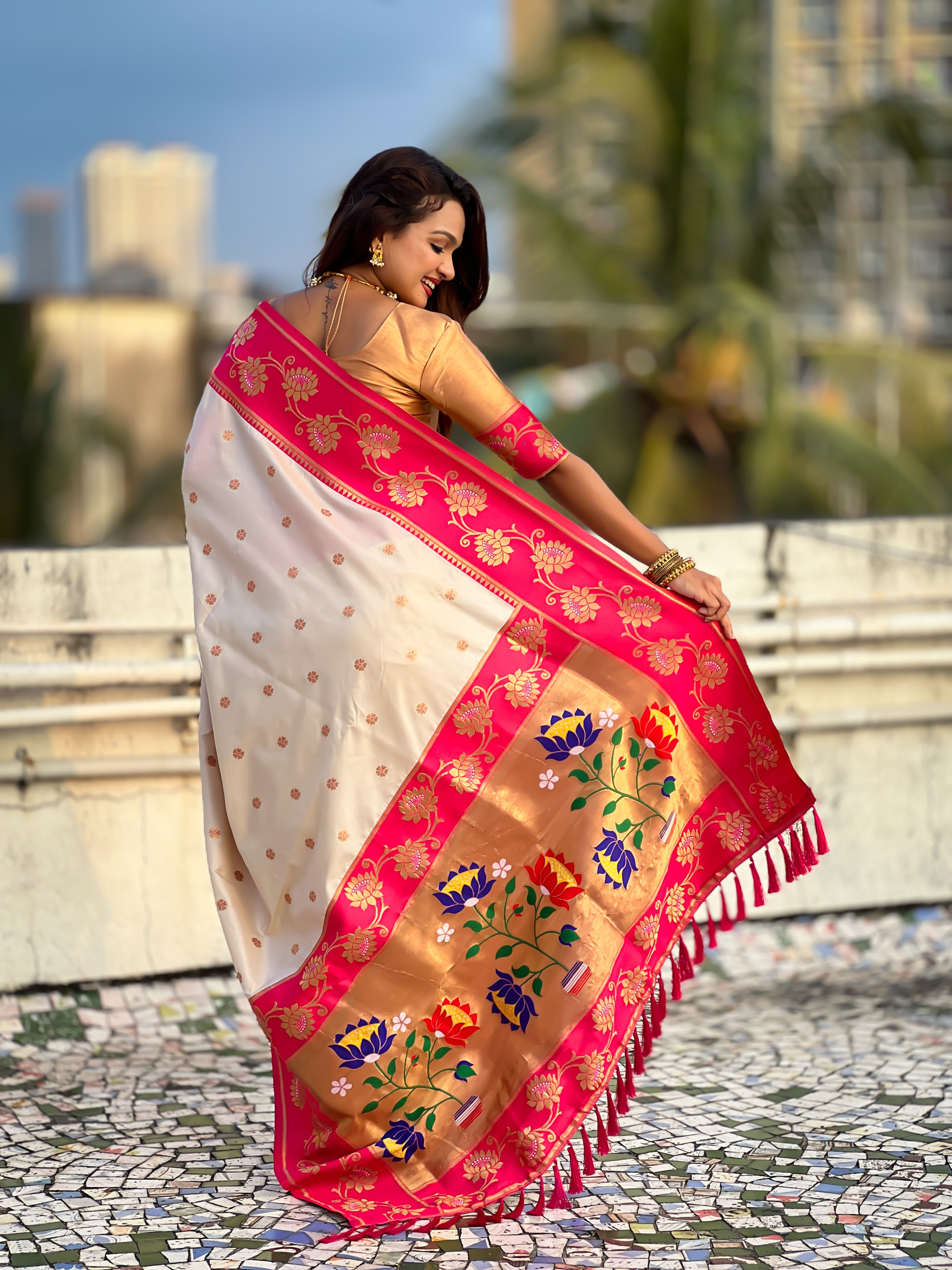 Aabha Powerloom Paithani Silk (Beige) Ready To Wear Pocket Saree