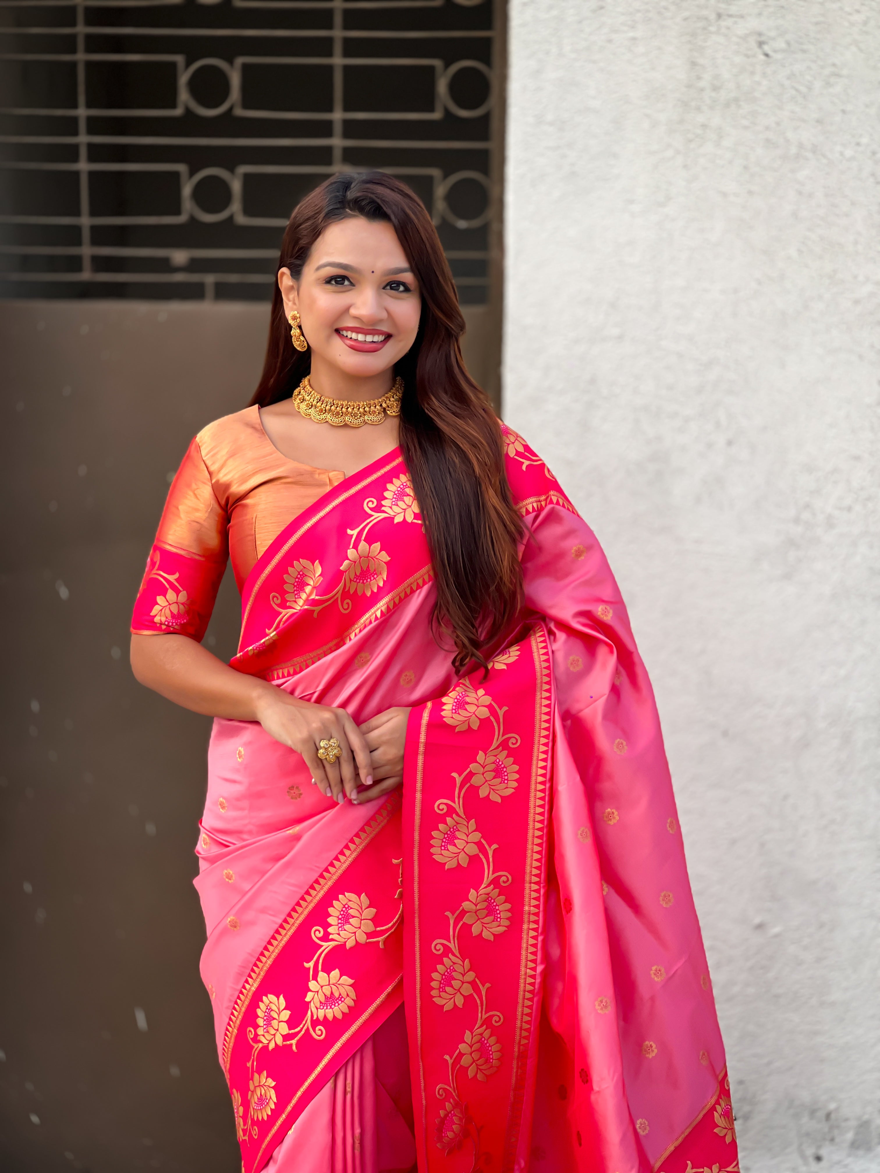 Aabha Powerloom Paithani Silk (Baby Pink) Ready To Wear Pocket Saree