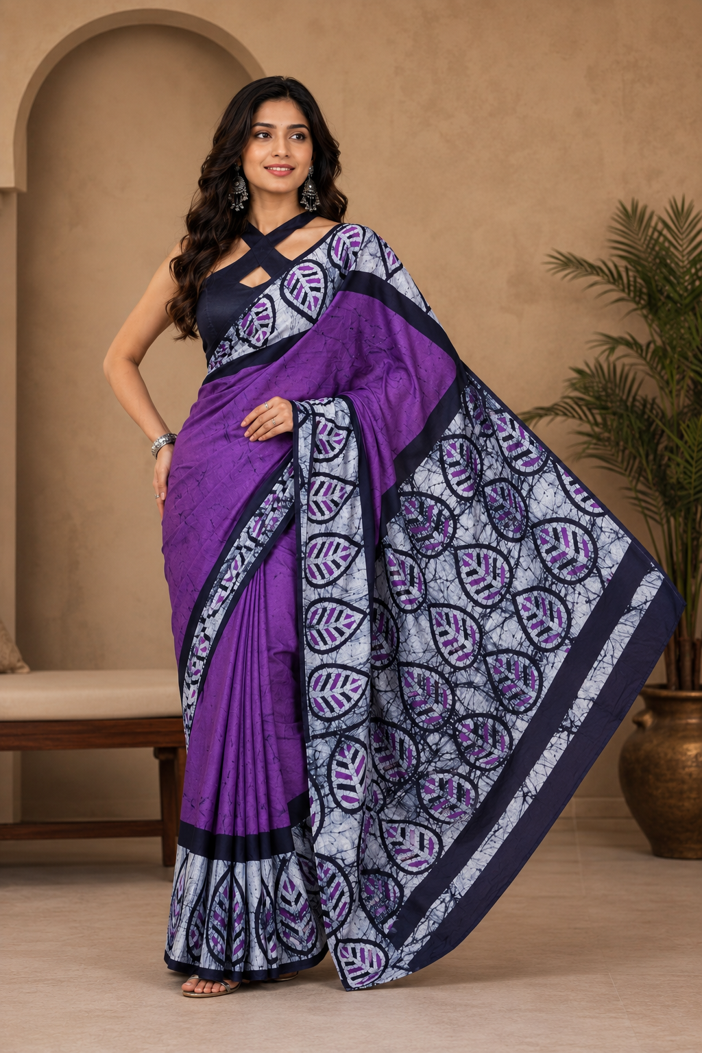 Leaf Mauve Mul Cotton Ready-To-Wear Pocket Saree
