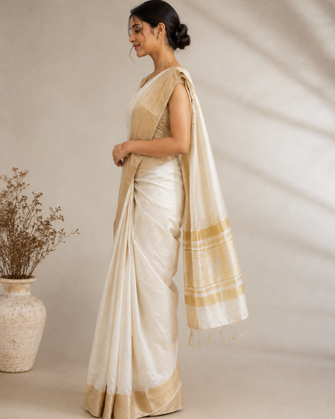 Model wearing an ivory Silk Cotton ready-to-wear pocket saree with a broad golden zari border and elegant striped pallu.