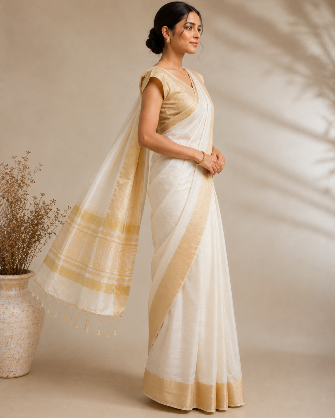 Side view of the ivory and soft-golden zari Silk Cotton ready-to-wear pocket saree showing the clean pleats, broad gold border and flowing pallu with fine horizontal stripes and tassels.