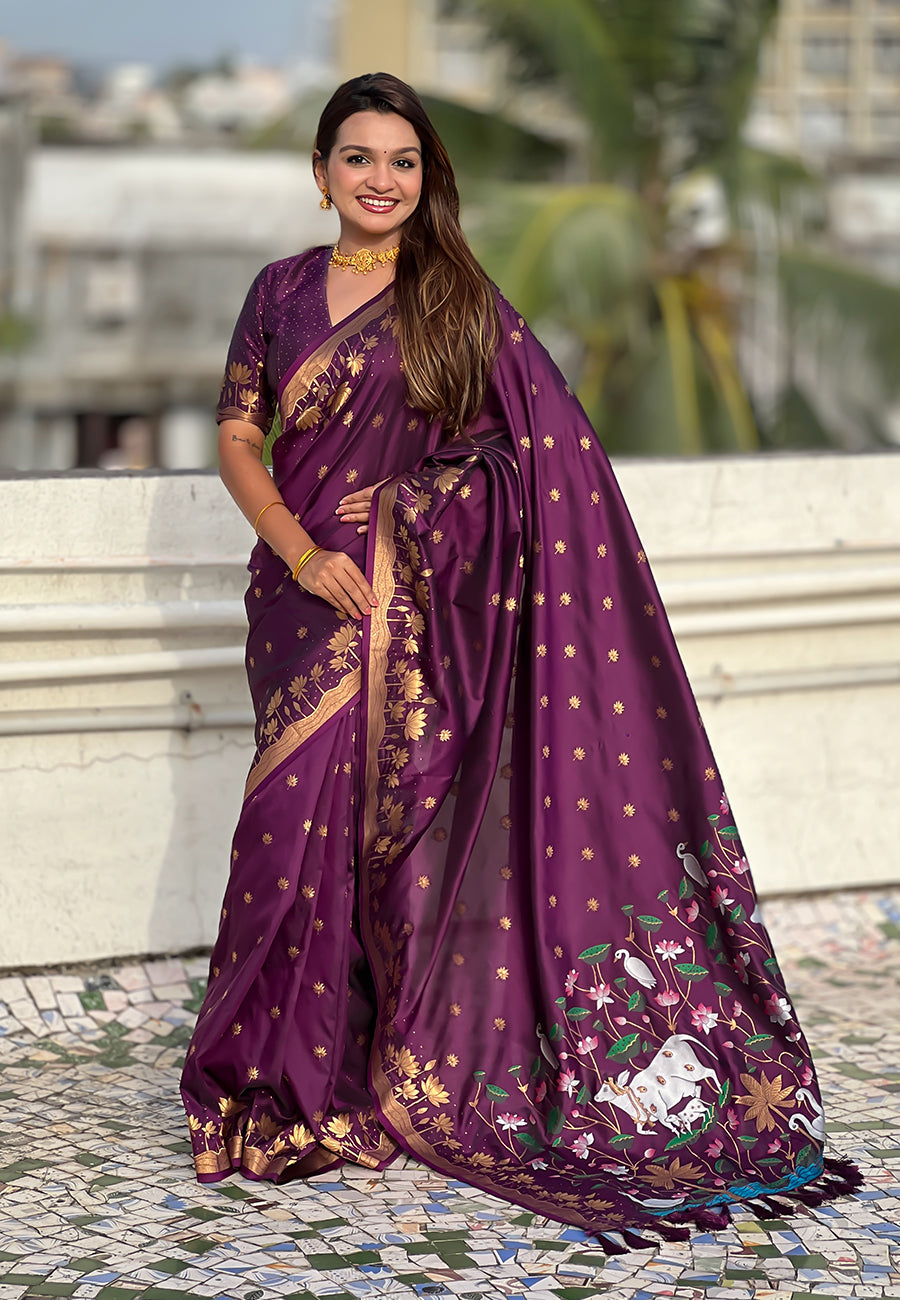 Mihira Powerloom Paithani Silk Ready To Wear Pocket Saree | Wine