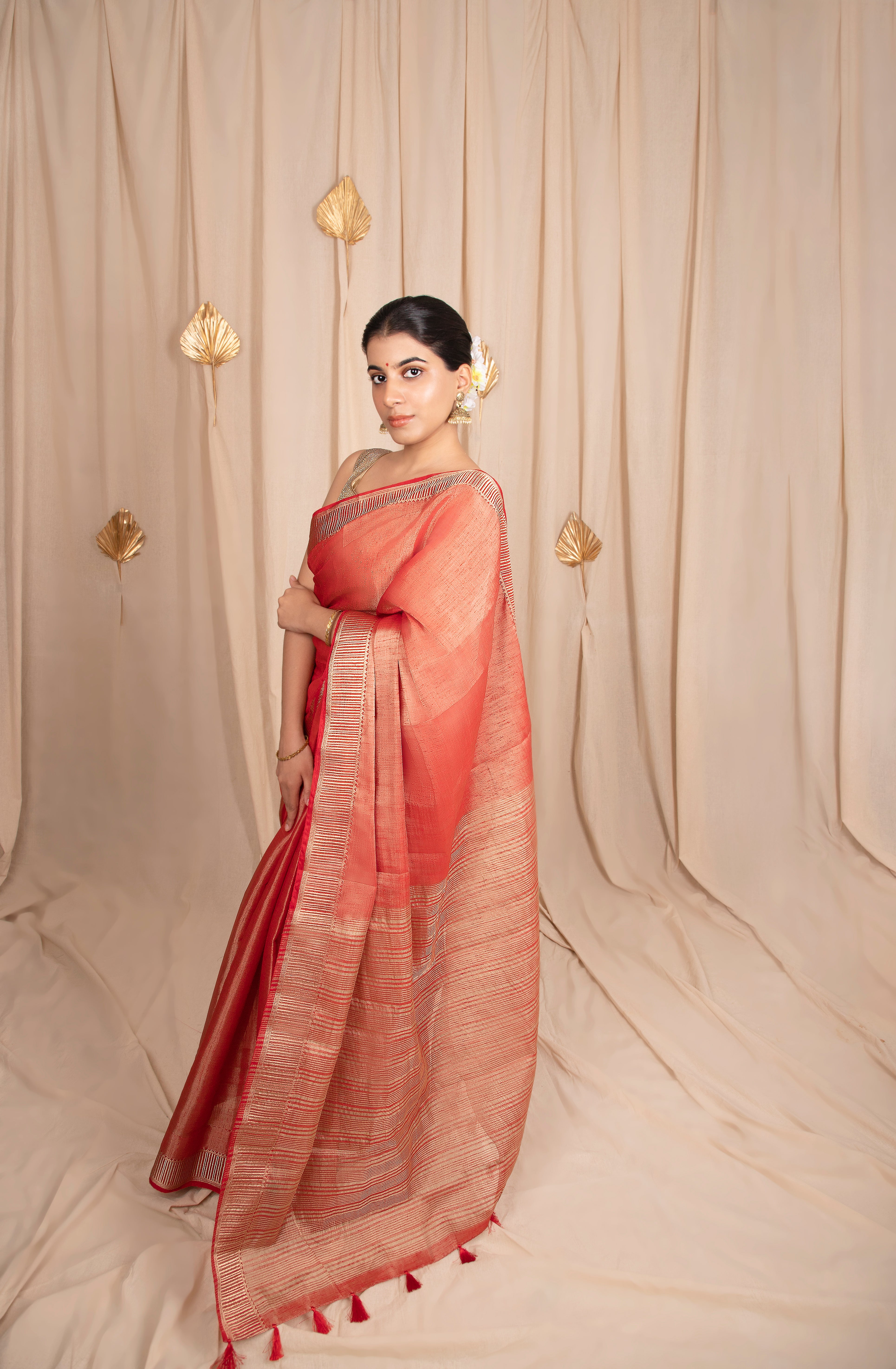 Auspicious Attire Linen Tissue Ready-to-wear Pocket Saree