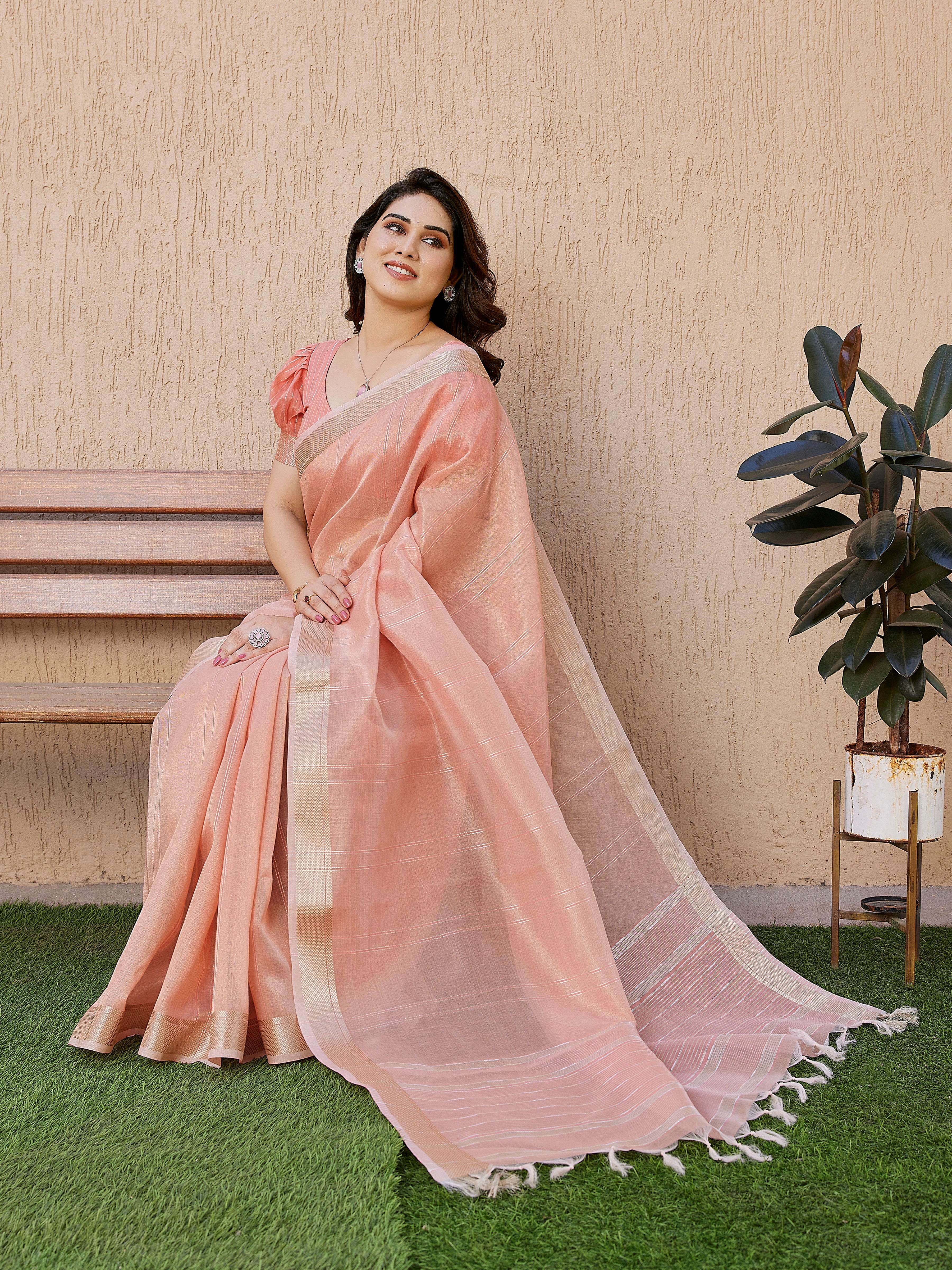 Shimmer Mist Tissue Linen Silk (B) Ready To Wear Pocket Saree