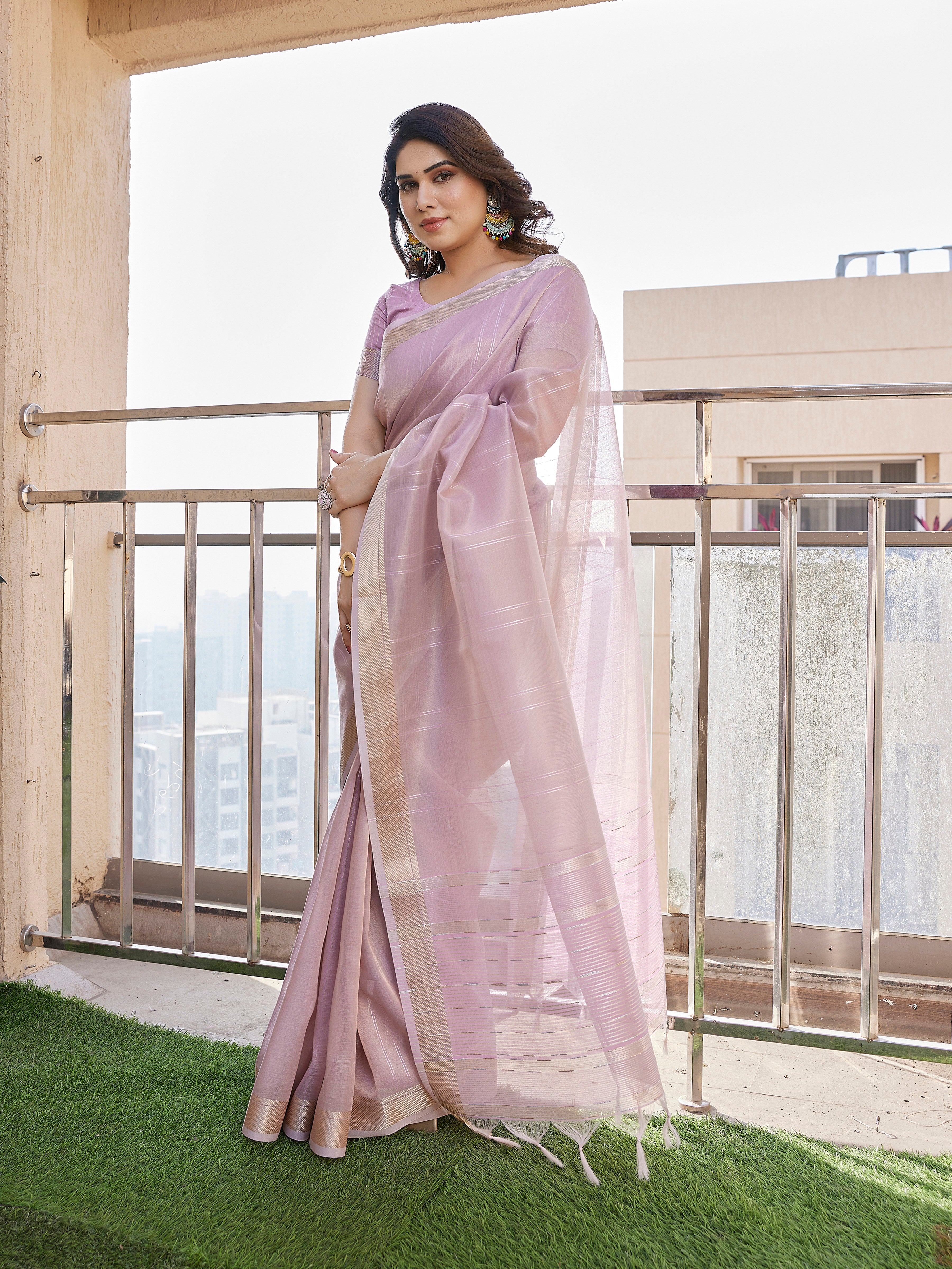 Shimmer Mist Tissue Linen Silk (A) Ready-To-Wear Pocket Saree