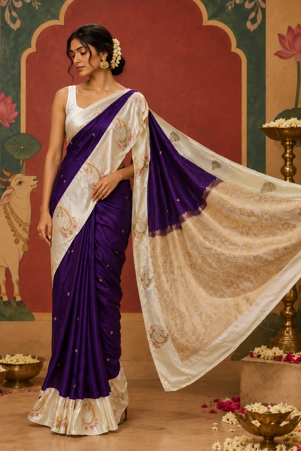 Full-length portrait of a model in a deep purple Russian viscose silk ready-to-wear pocket saree, featuring pre-stitched pleats, a contrasting ivory satin border with paisley bootas, and a grand ivory and pallu.