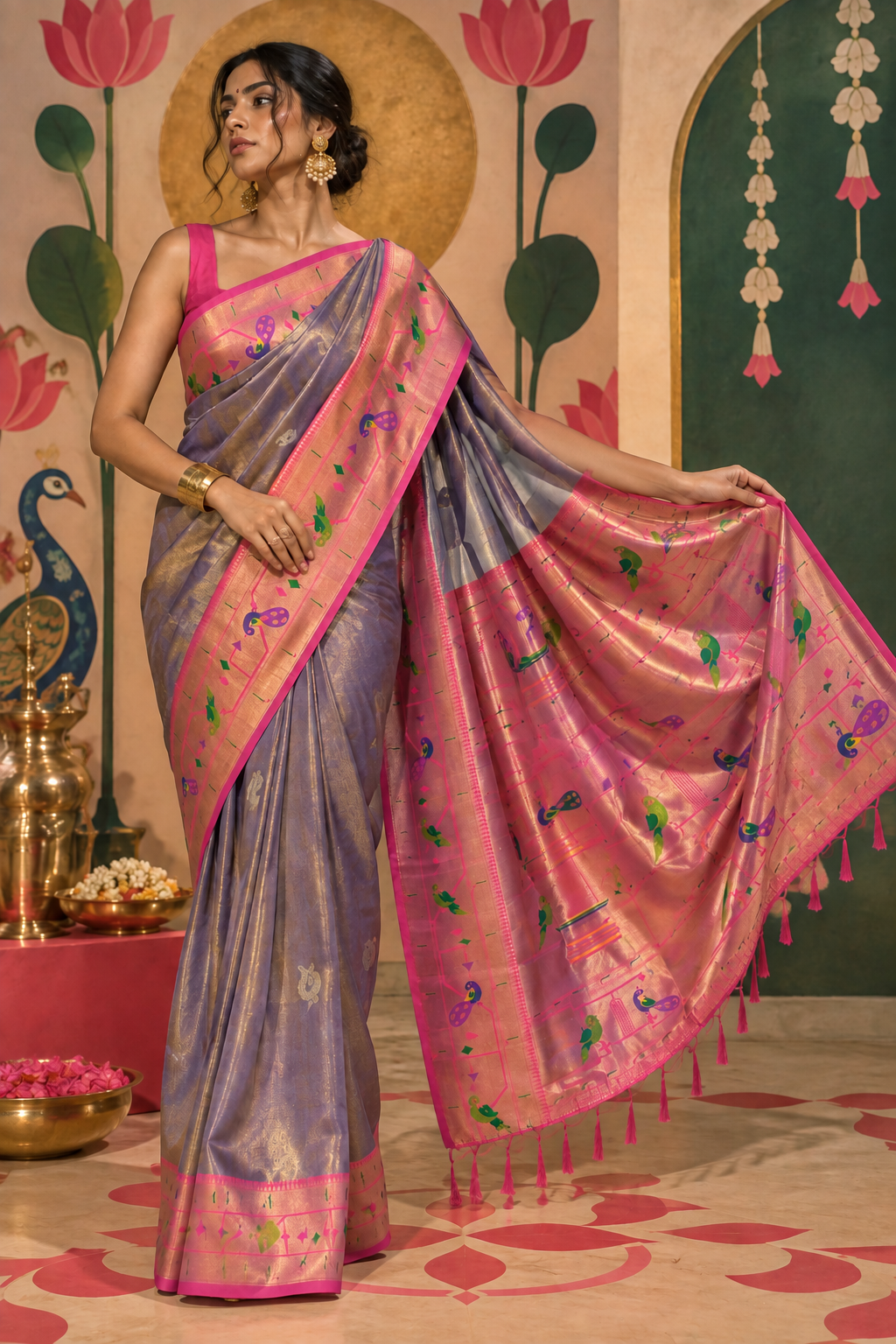 Full-length portrait of a model styled in a tissue Paithani silk ready-to-wear pocket saree featuring a lavender-grey body, a contrasting bright pink pallu with blue and green peacock motifs, pre-stitched pleats, and pink edge tassels.