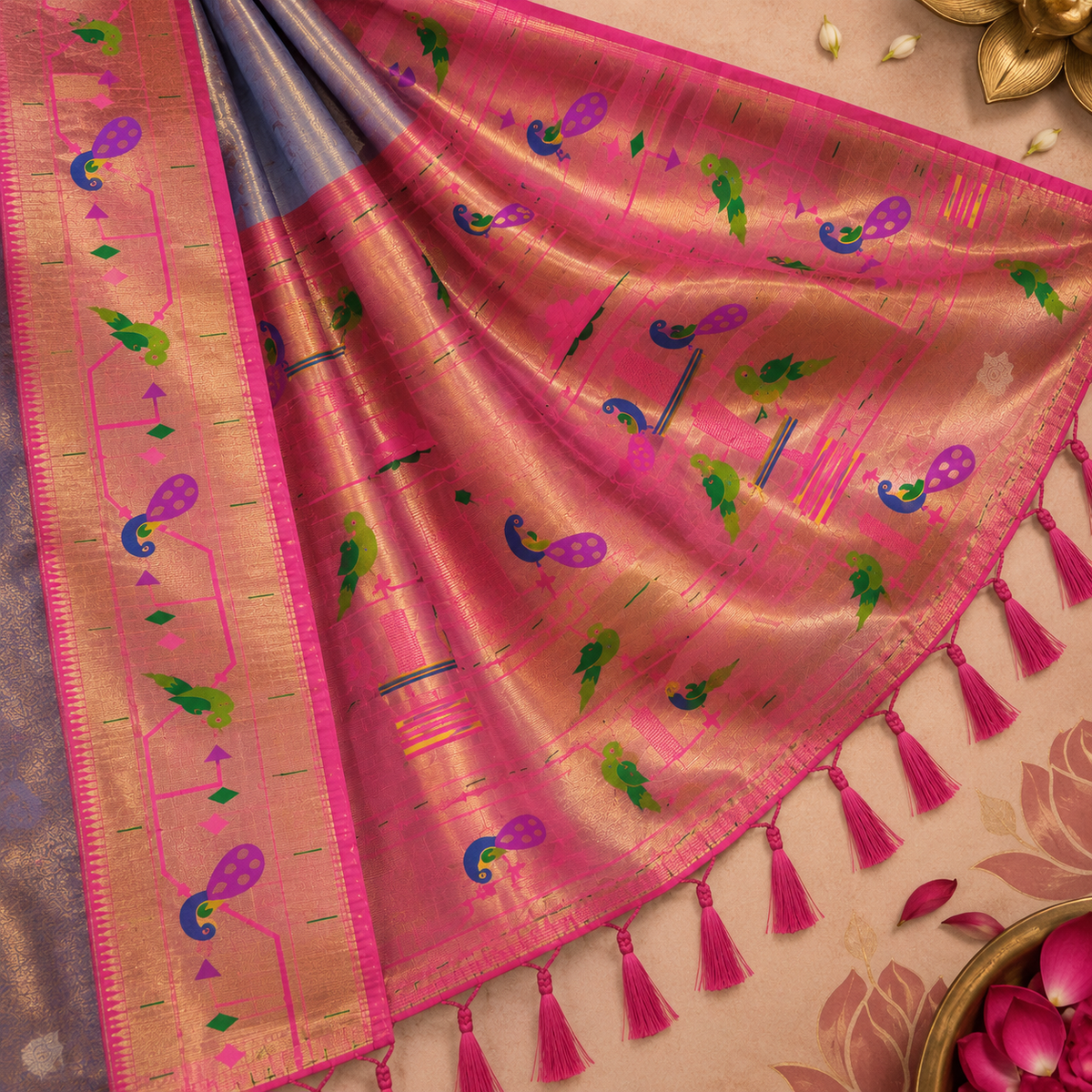 Flat-lay detail shot of the Paithani tissue silk saree showcasing the soft lavender-grey woven body transitioning into a vibrant pink tissue pallu adorned with colourful woven peacock, parrot, and geometric motifs, finished with a broad gold border and hanging pink tassels.