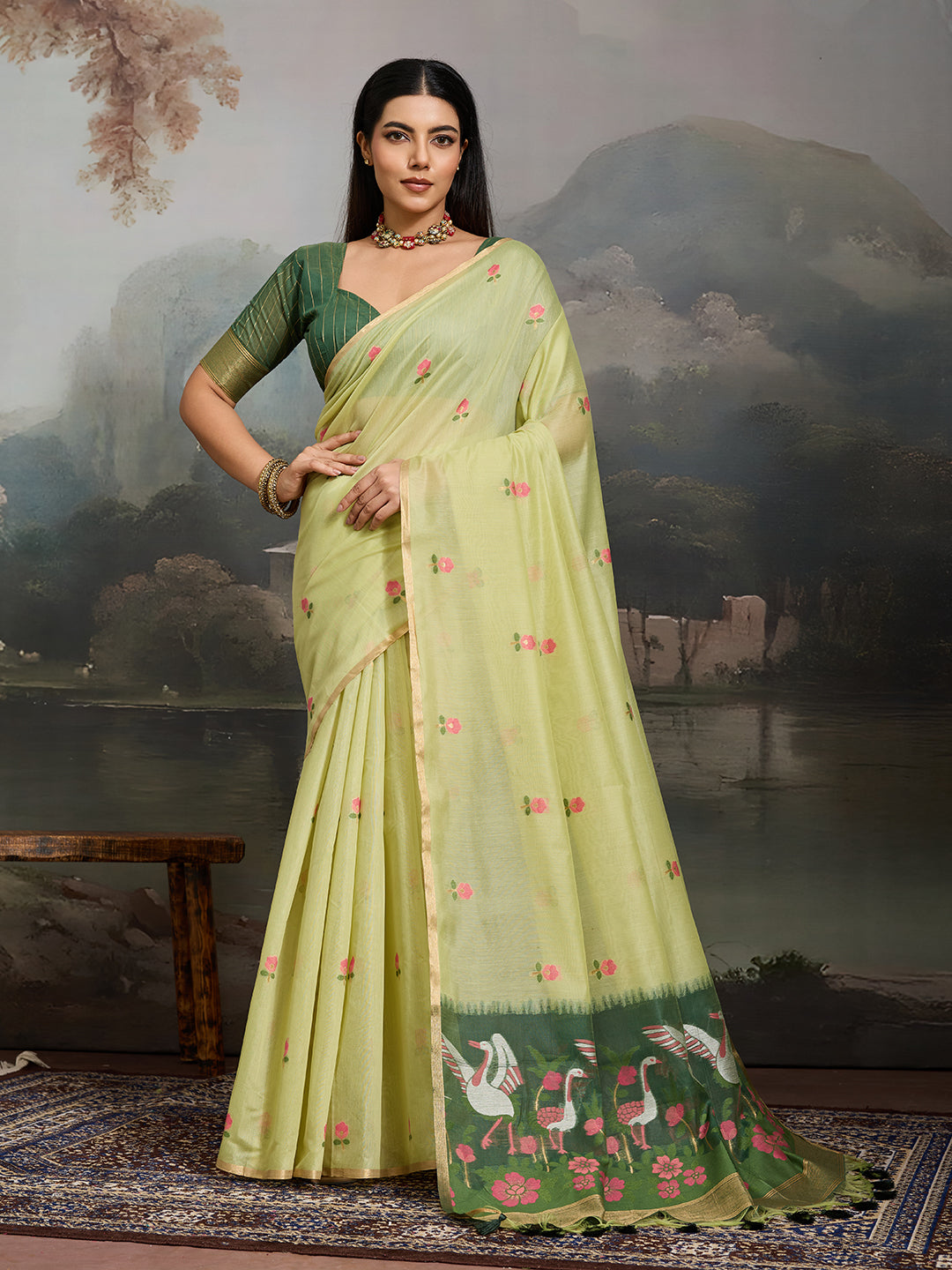 Swanika Cotton Ready To Wear Pocket Saree | Light Green