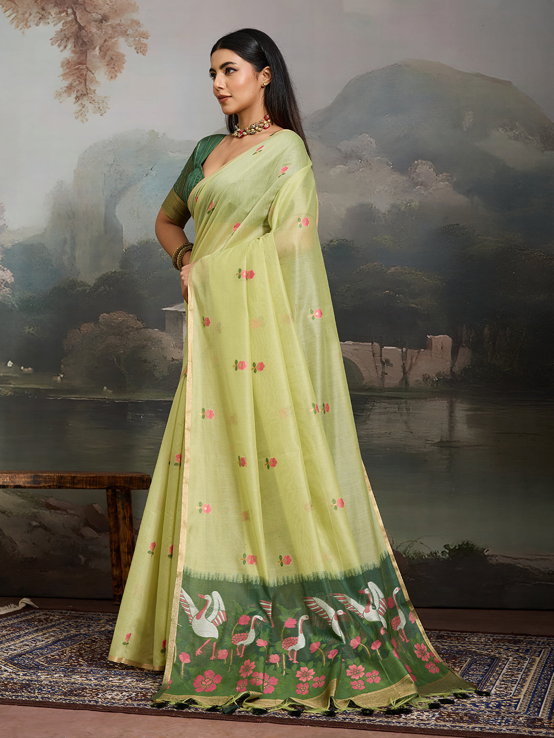Swanika Cotton Ready To Wear Pocket Saree | Light Green