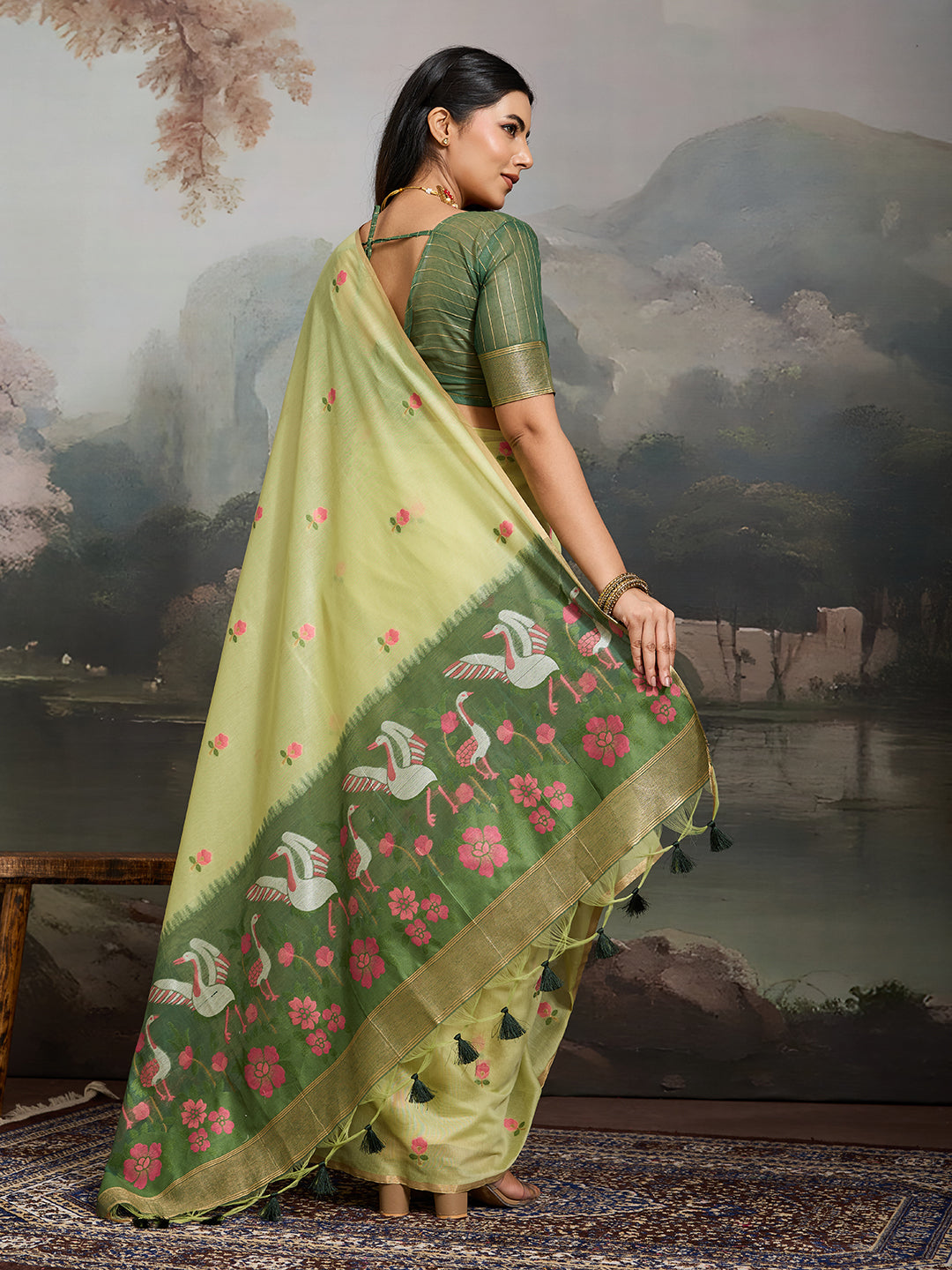 Swanika Cotton Ready To Wear Pocket Saree | Light Green