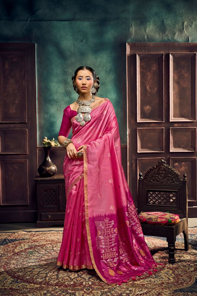 Evara Tussar Silk Ready To Wear Pocket Saree | Pink