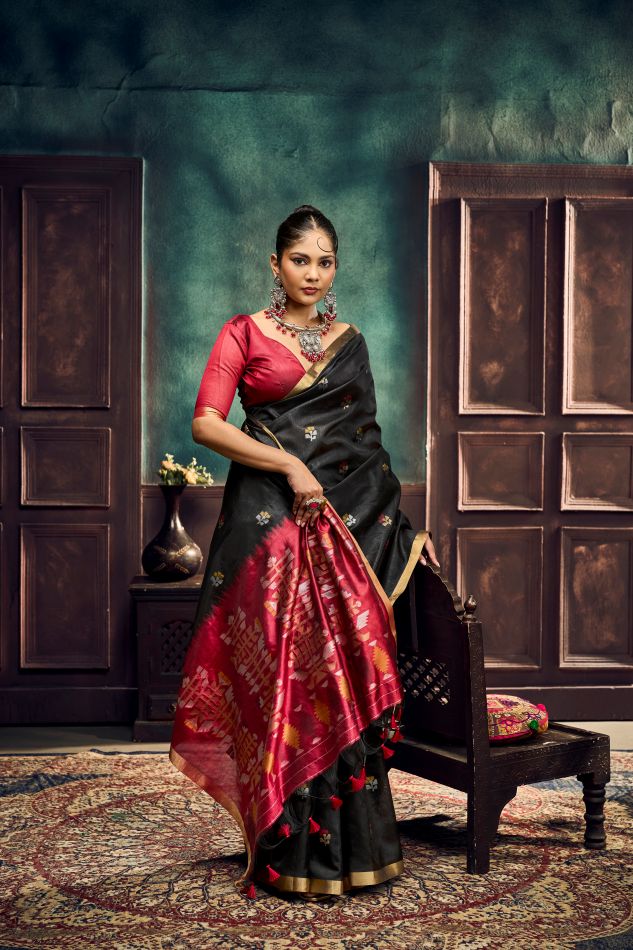 Evara Tussar Silk Ready To Wear Pocket Saree | Black