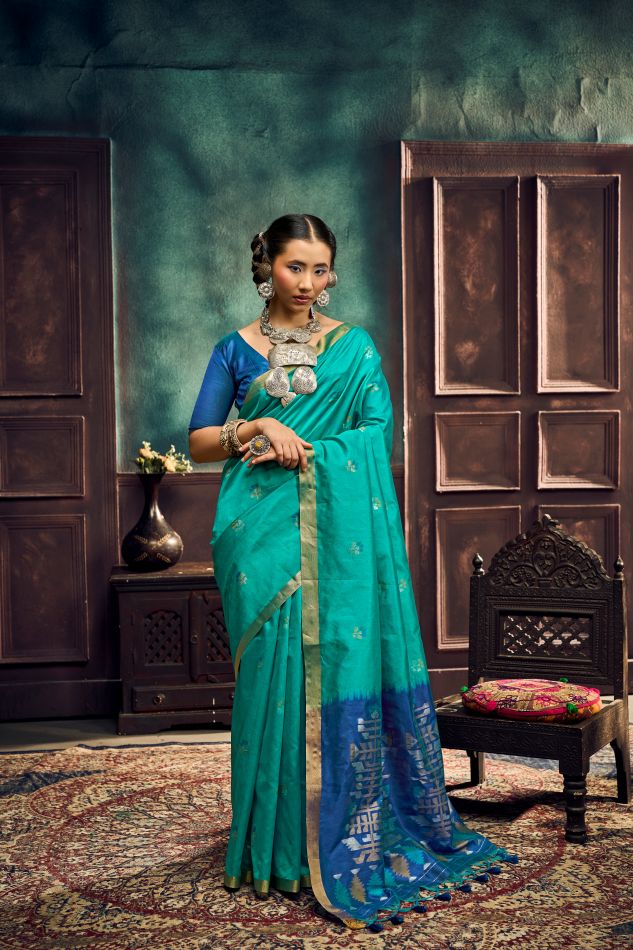 Evara Tussar Silk Ready To Wear Pocket Saree | Teal