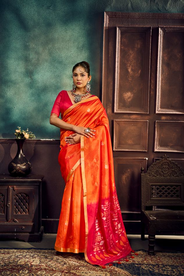 Evara Tussar Silk Ready To Wear Pocket Saree | Orange