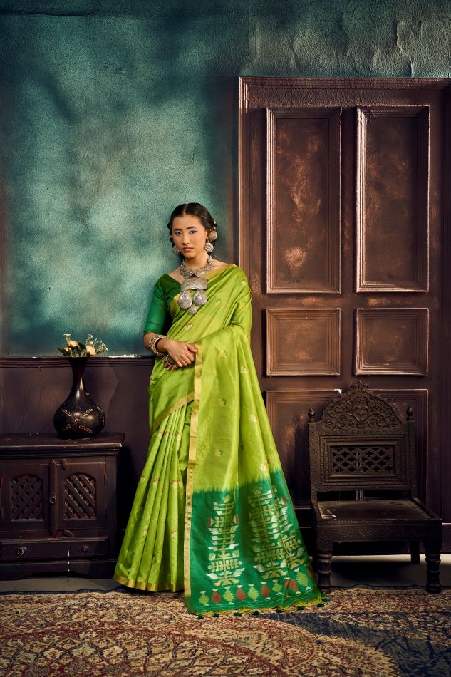 Evara Tussar Silk Ready To Wear Pocket Saree | Green