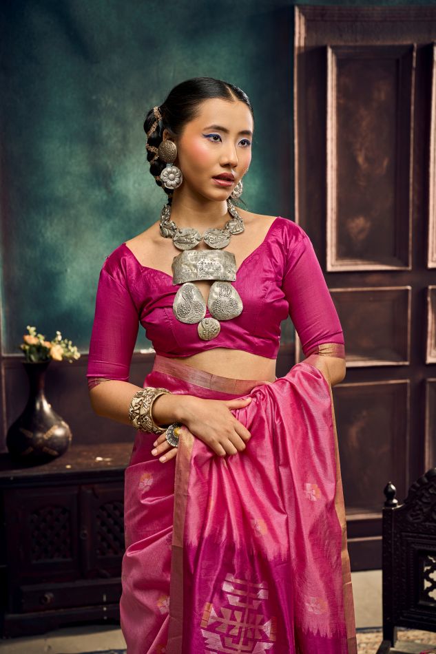 Evara Tussar Silk Ready To Wear Pocket Saree | Pink