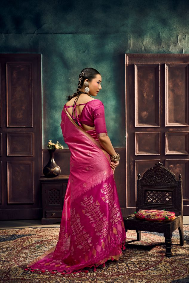 Evara Tussar Silk Ready To Wear Pocket Saree | Pink