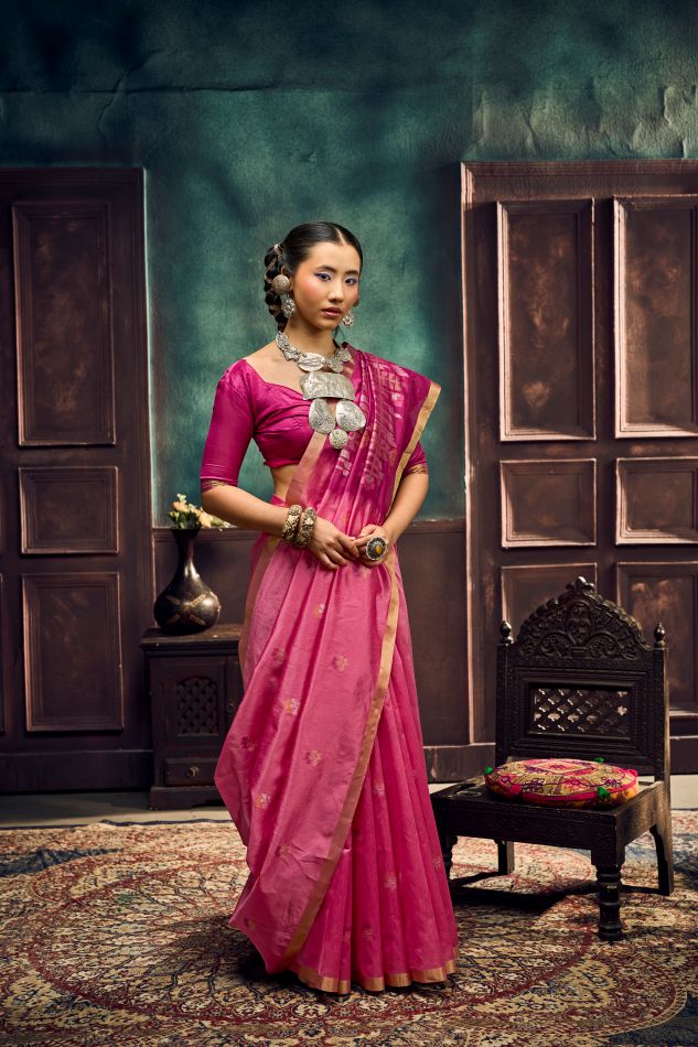 Evara Tussar Silk Ready To Wear Pocket Saree | Pink