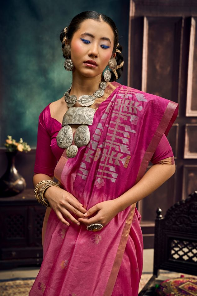 Evara Tussar Silk Ready To Wear Pocket Saree | Pink