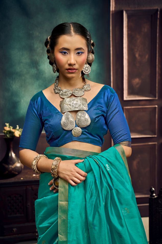Evara Tussar Silk Ready To Wear Pocket Saree | Teal
