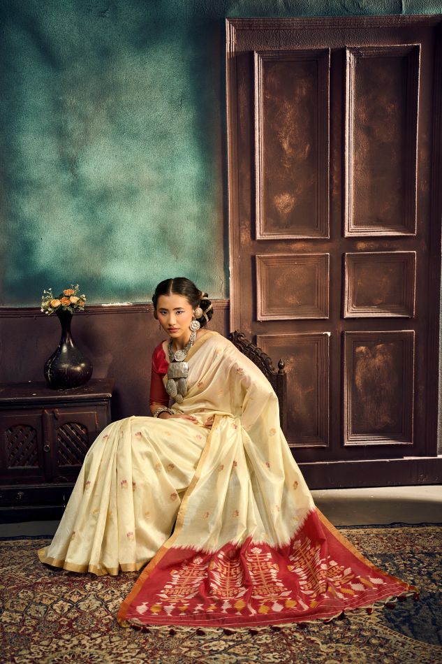 Evara Tussar Silk Ready To Wear Pocket Saree | Cream